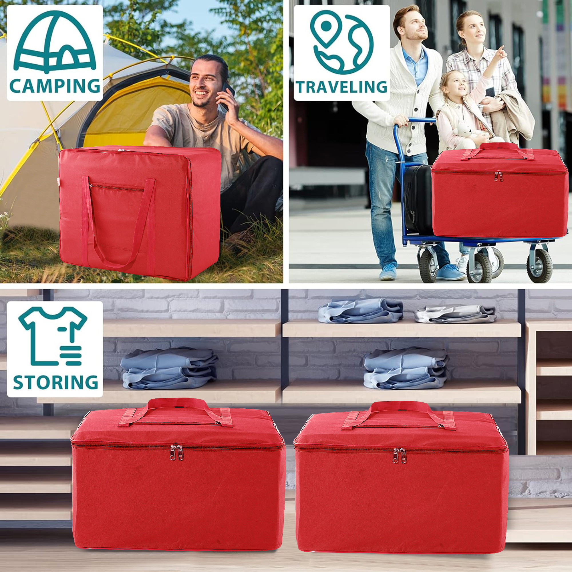 Kuber Industries Storage Bag  Clothes Storage Bag  Rexine Underbed Storage Bag  Wardrobe Organizer for Blanket-Comforters  Foldable Attachi Bag with Handle  Large  Red