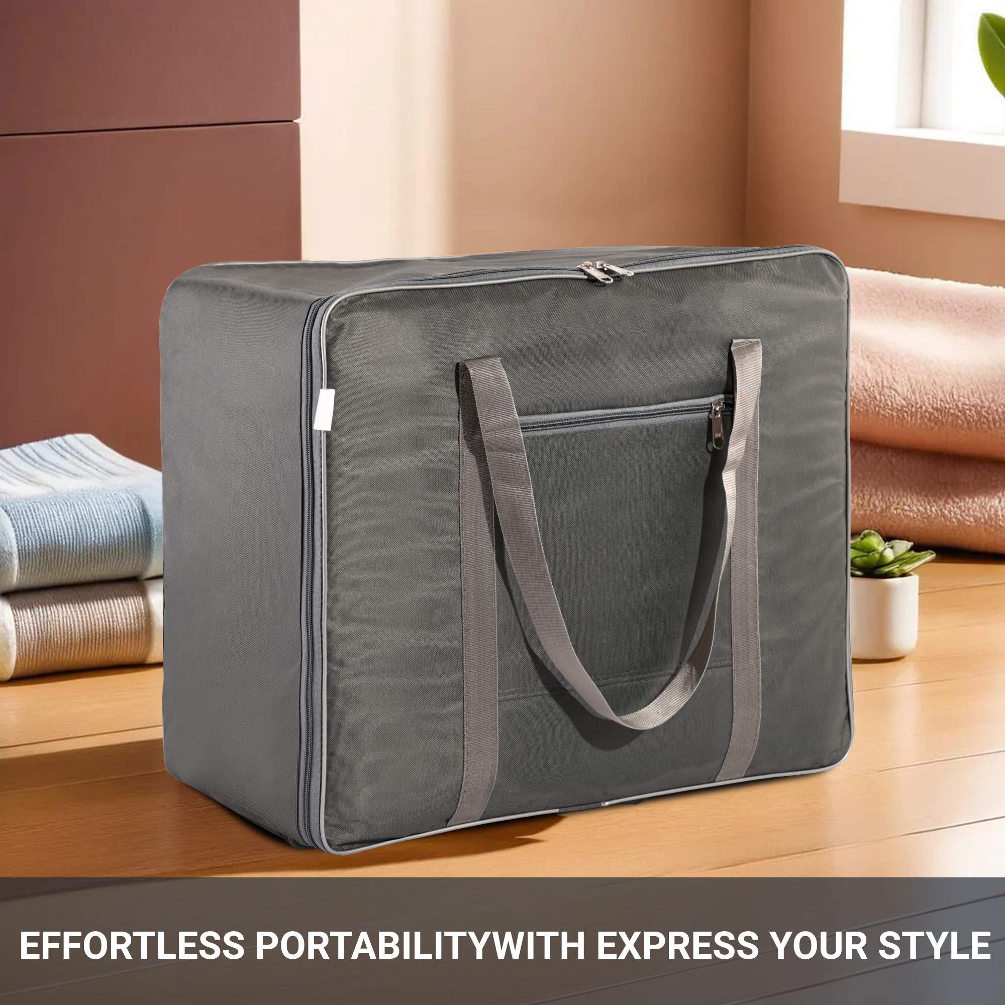 Kuber Industries Storage Bag  Clothes Storage Bag  Rexine Underbed Storage Bag  Wardrobe Organizer for Blanket-Comforters  Foldable Attachi Bag with Handle  Large  Grey