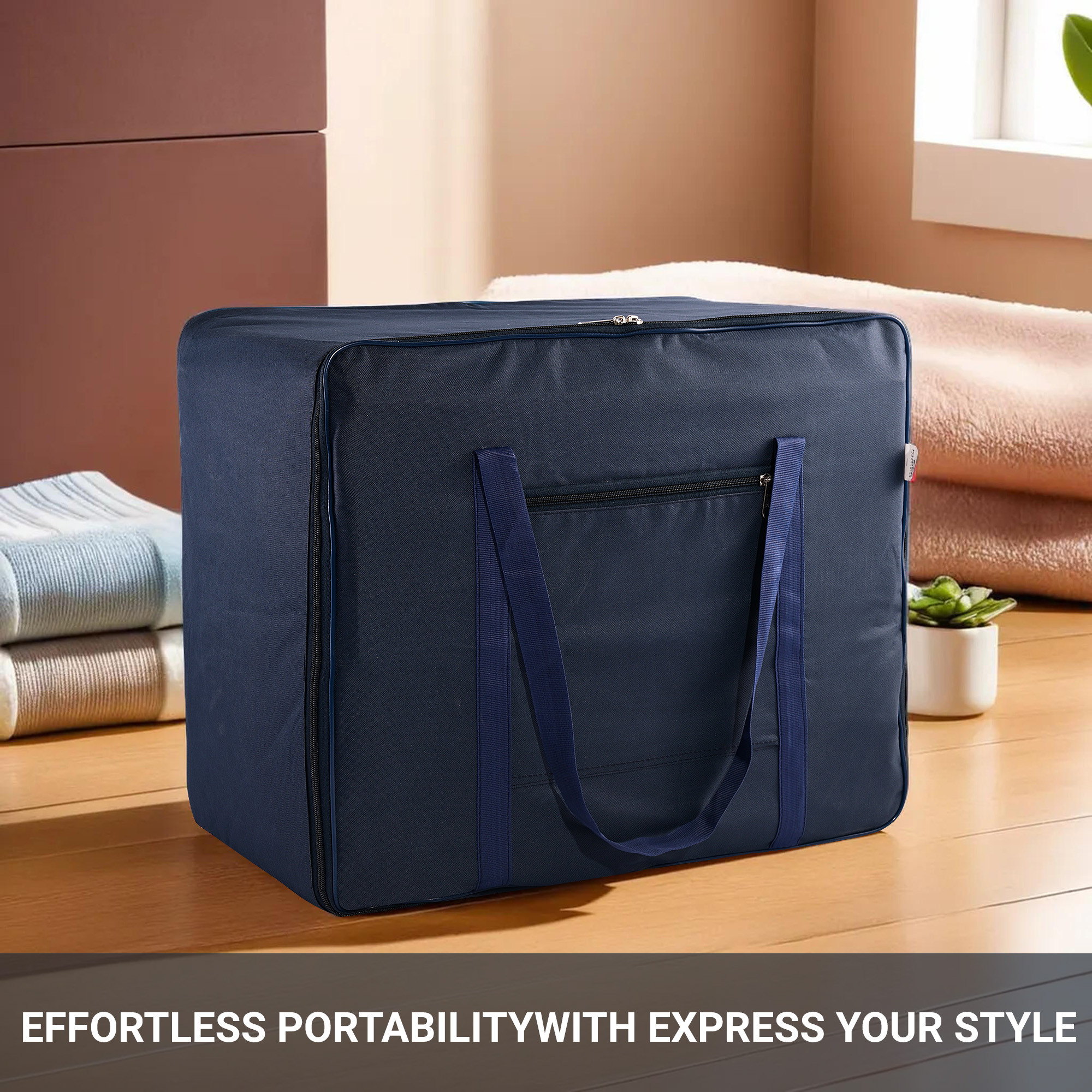 Kuber Industries Storage Bag  Clothes Storage Bag  Rexine Underbed Storage Bag  Wardrobe Organizer for Blanket-Comforters  Foldable Attachi Bag with Handle  Large  Navy Blue