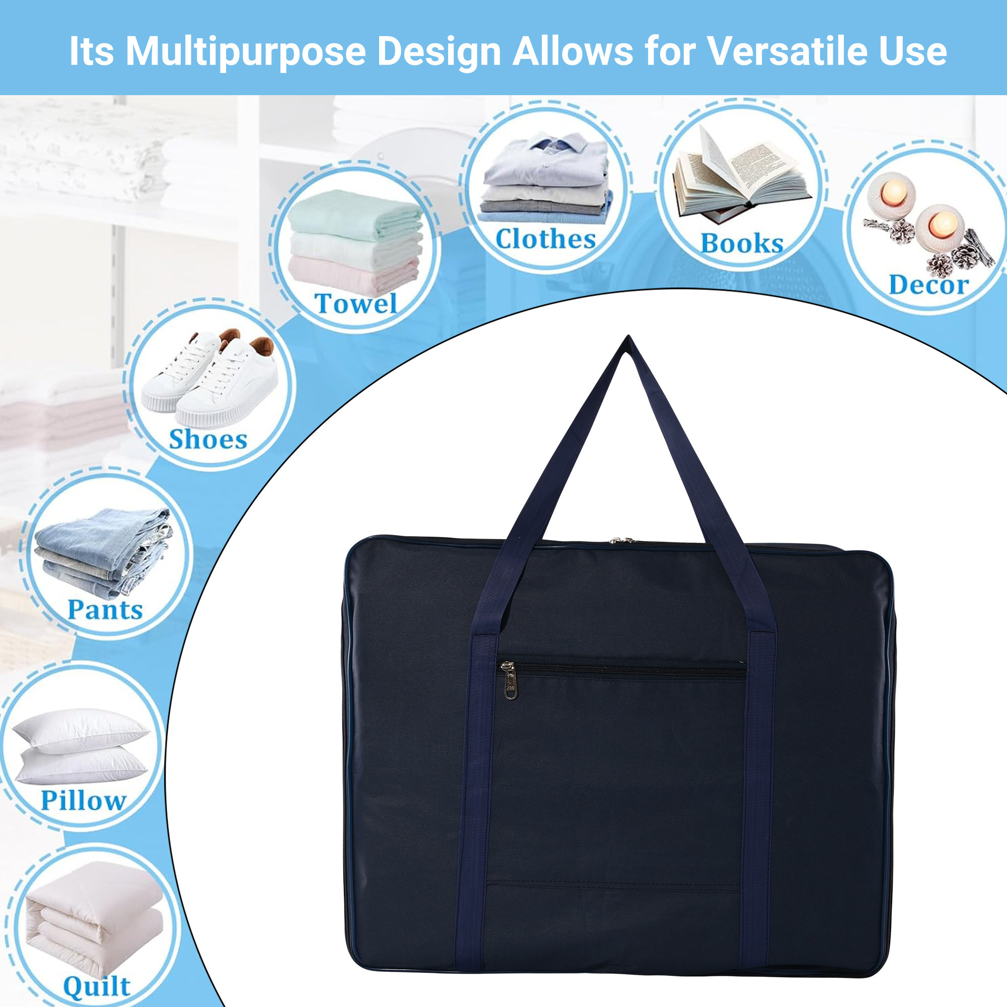 Kuber Industries Storage Bag  Clothes Storage Bag  Rexine Underbed Storage Bag  Wardrobe Organizer for Blanket-Comforters  Foldable Attachi Bag with Handle  Large  Navy Blue