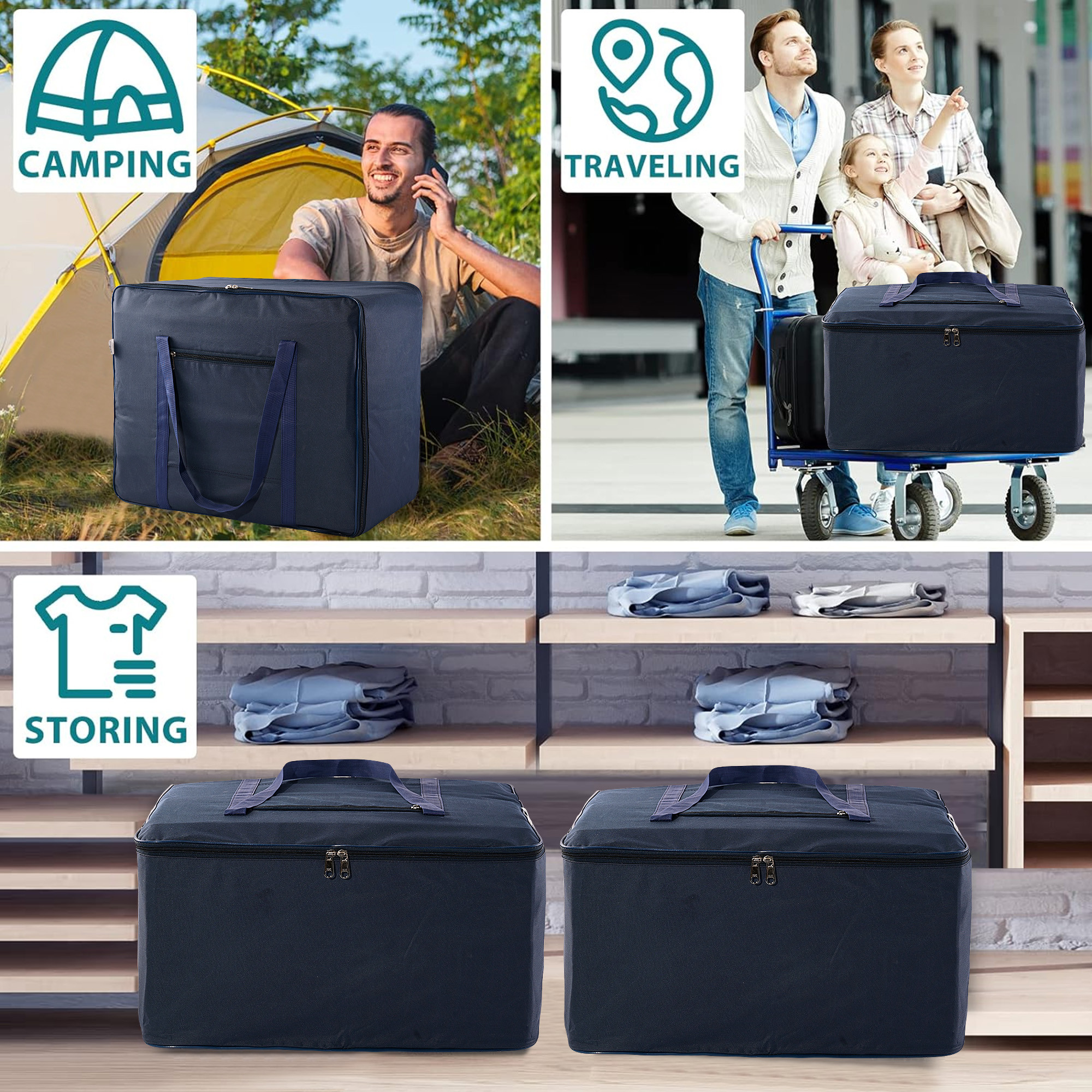 Kuber Industries Storage Bag  Clothes Storage Bag  Rexine Underbed Storage Bag  Wardrobe Organizer for Blanket-Comforters  Foldable Attachi Bag with Handle  Large  Navy Blue