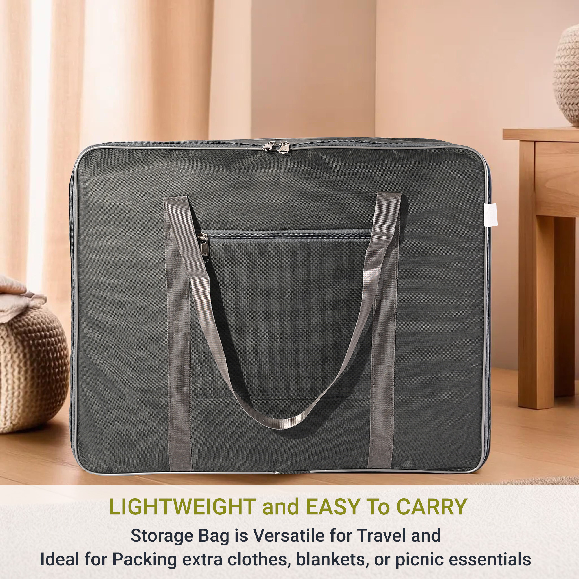 Kuber Industries Storage Bag  Clothes Storage Bag  Rexine Underbed Storage Bag  Wardrobe Organizer for Blanket-Comforters  Foldable Attachi Bag with Handle  Large  Grey