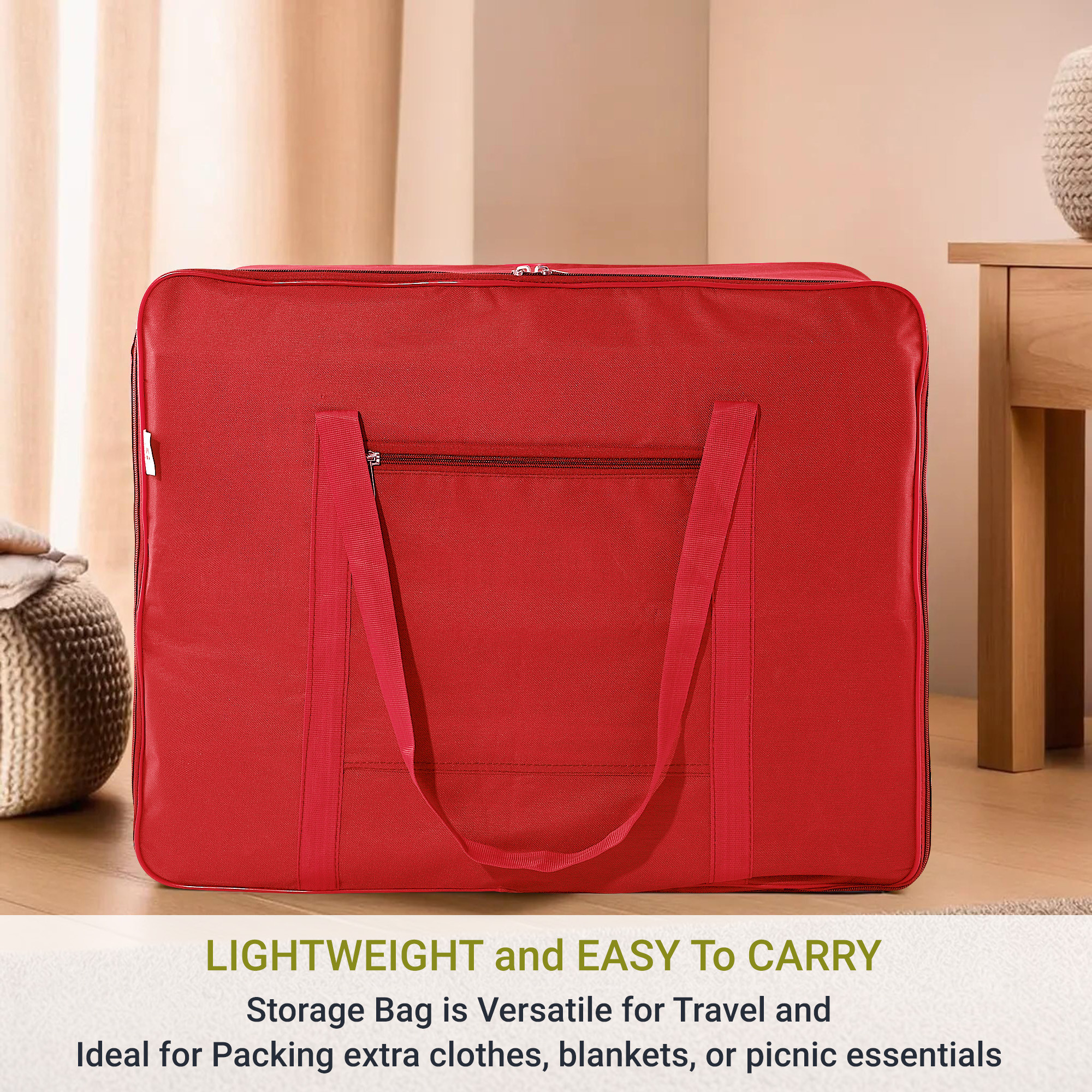 Kuber Industries Storage Bag  Clothes Storage Bag  Rexine Underbed Storage Bag  Wardrobe Organizer for Blanket-Comforters  Foldable Attachi Bag with Handle  Large  Red
