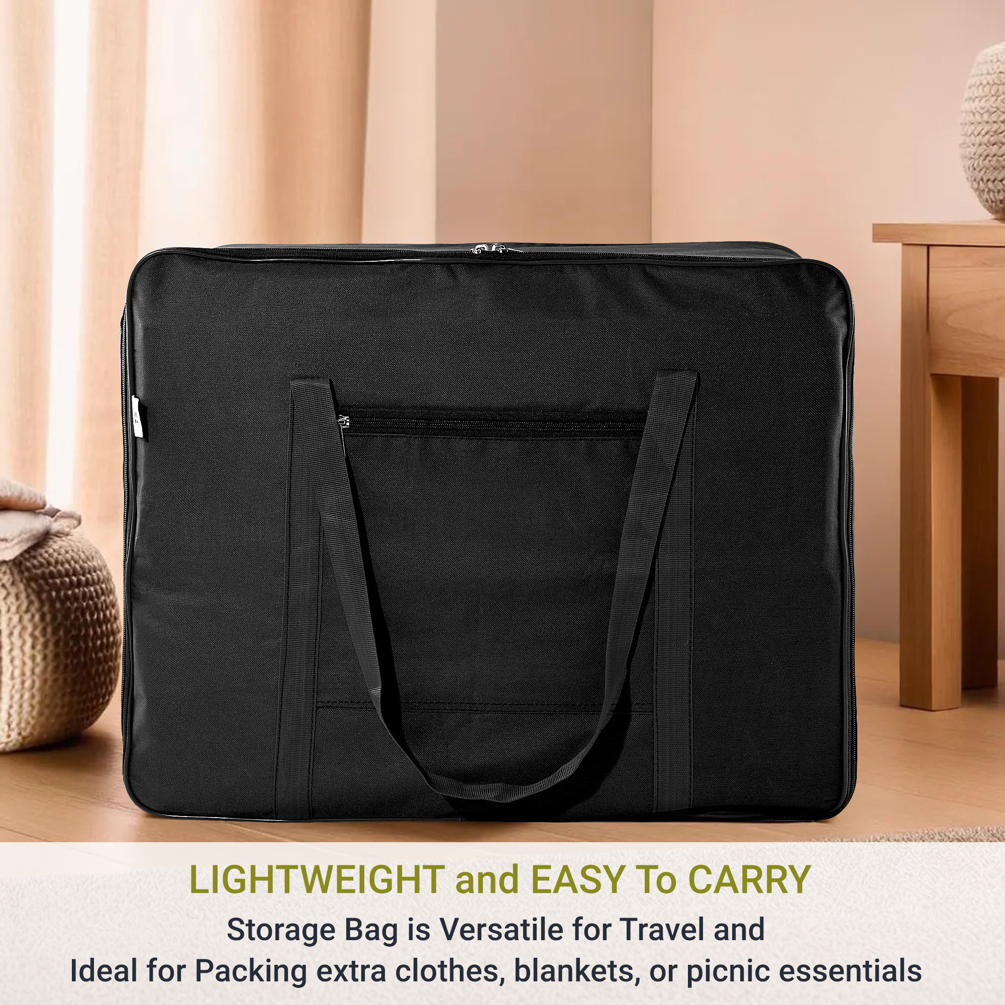 Kuber Industries Storage Bag  Clothes Storage Bag  Rexine Underbed Storage Bag  Wardrobe Organizer for Blanket-Comforters  Foldable Attachi Bag with Handle  Large  Black