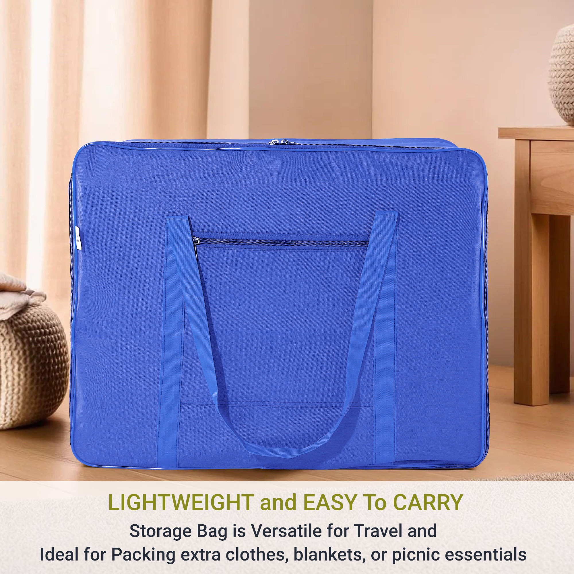 Kuber Industries Storage Bag  Clothes Storage Bag  Rexine Underbed Storage Bag  Wardrobe Organizer for Blanket-Comforters  Foldable Attachi Bag with Handle  Large  Royal Blue