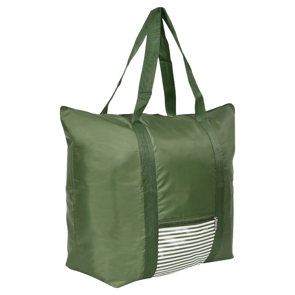 Kuber Industries Storage Bag | Clothes Storage Bag | Storage Bag with Handle | Parachute Shopping Bag | Grocery Hand Bag | Foldable Storage Bag | Lining Front Pocket | Green