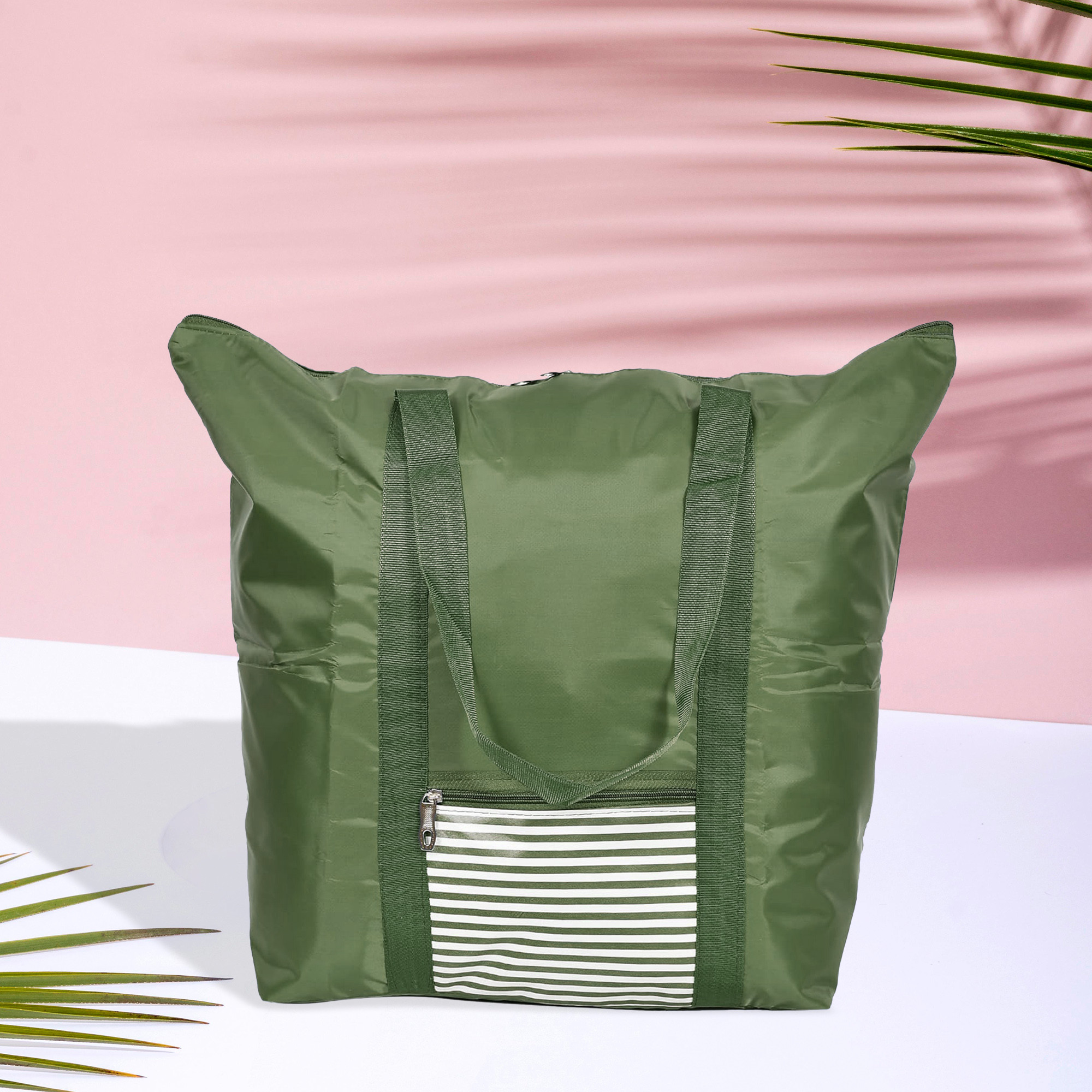 Kuber Industries Storage Bag | Clothes Storage Bag | Storage Bag with Handle | Parachute Shopping Bag | Grocery Hand Bag | Foldable Storage Bag | Lining Front Pocket | Green