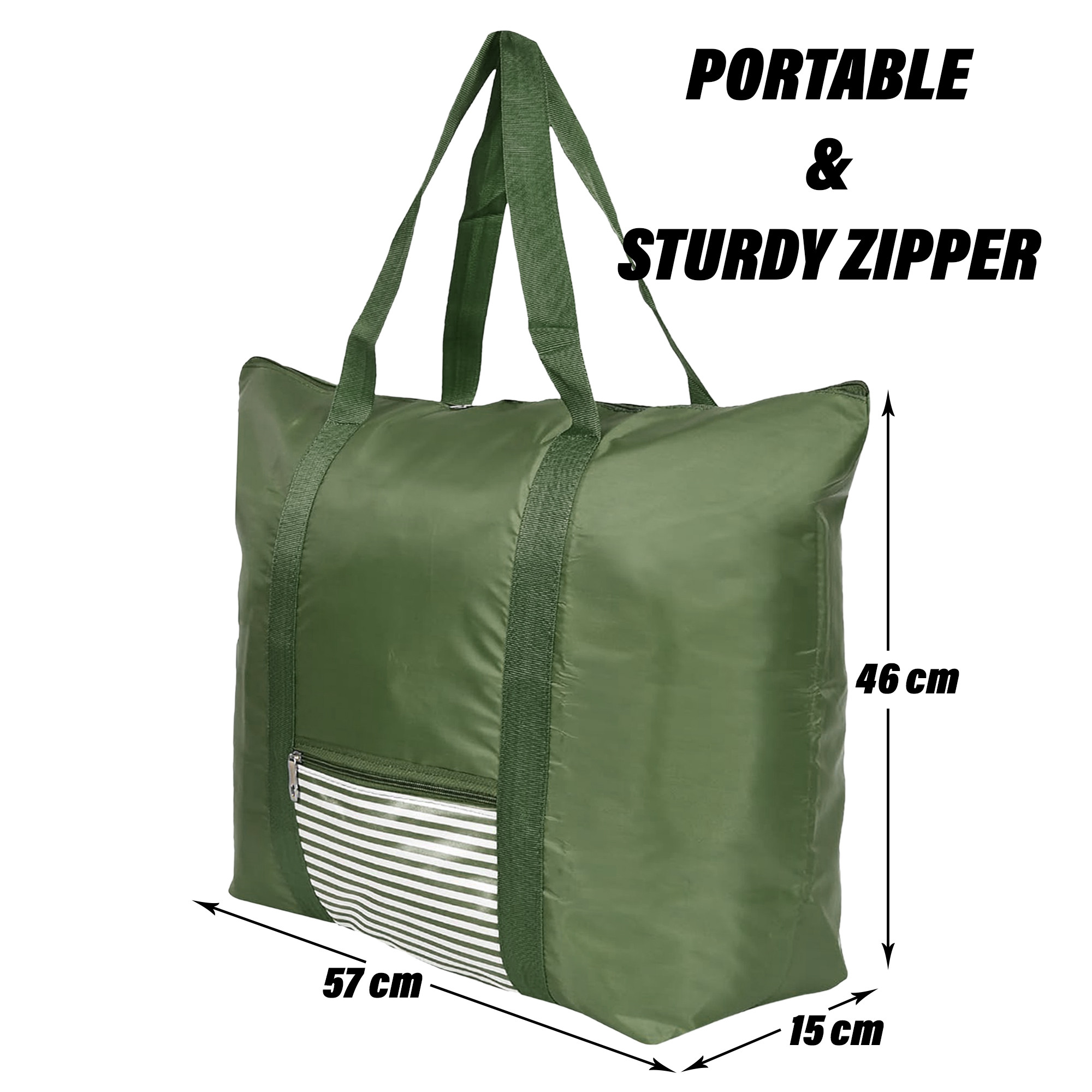 Kuber Industries Storage Bag | Clothes Storage Bag | Storage Bag with Handle | Parachute Shopping Bag | Grocery Hand Bag | Foldable Storage Bag | Lining Front Pocket | Green