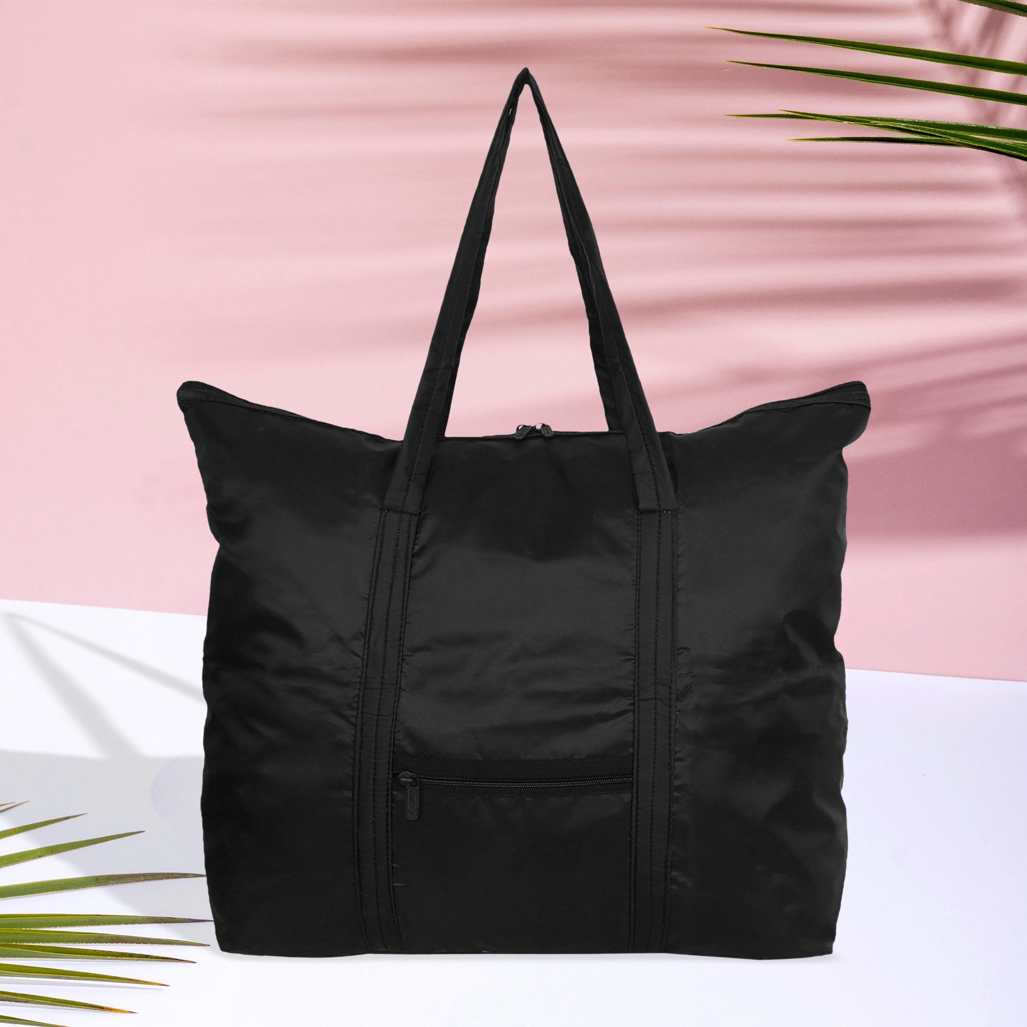 Kuber Industries Storage Bag | Clothes Storage Bag | Storage Bag with Handle | Parachute Shopping Bag | Grocery Hand Bag | Foldable Storage Bag | Front Pocket Storage Bag | Black
