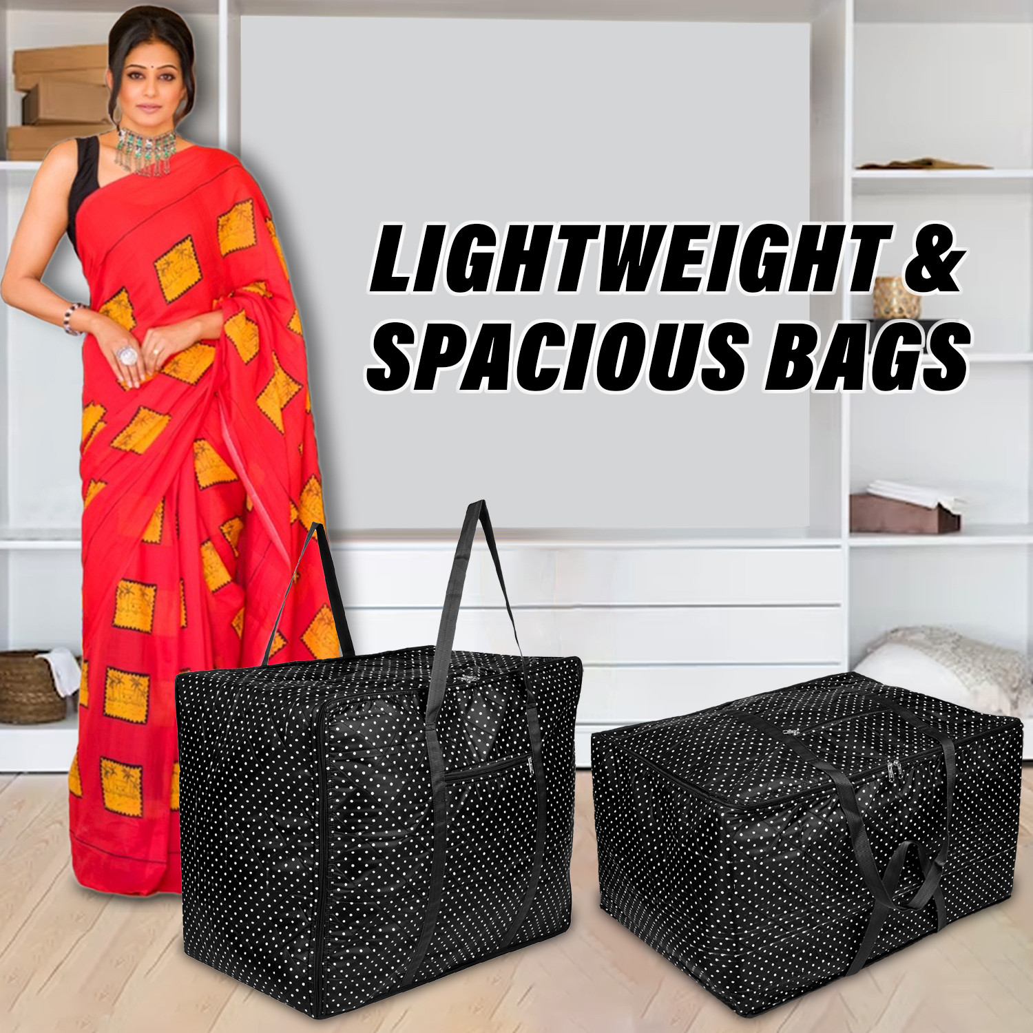 Kuber Industries Storage Bag | Polyester Travel Duffle Bag | Foldable Underbed Storage Bag | Dot Print Storage Bag For Clothes with Handle | Large | Black