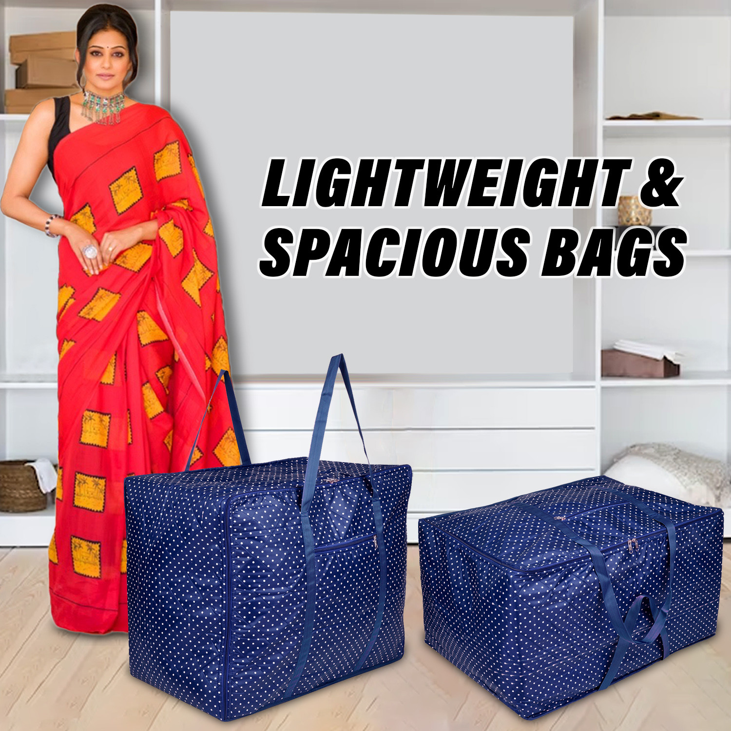 Kuber Industries Storage Bag | Polyester Travel Duffle Bag | Foldable Underbed Storage Bag | Dot Print Storage Bag For Clothes with Handle | Large | Blue