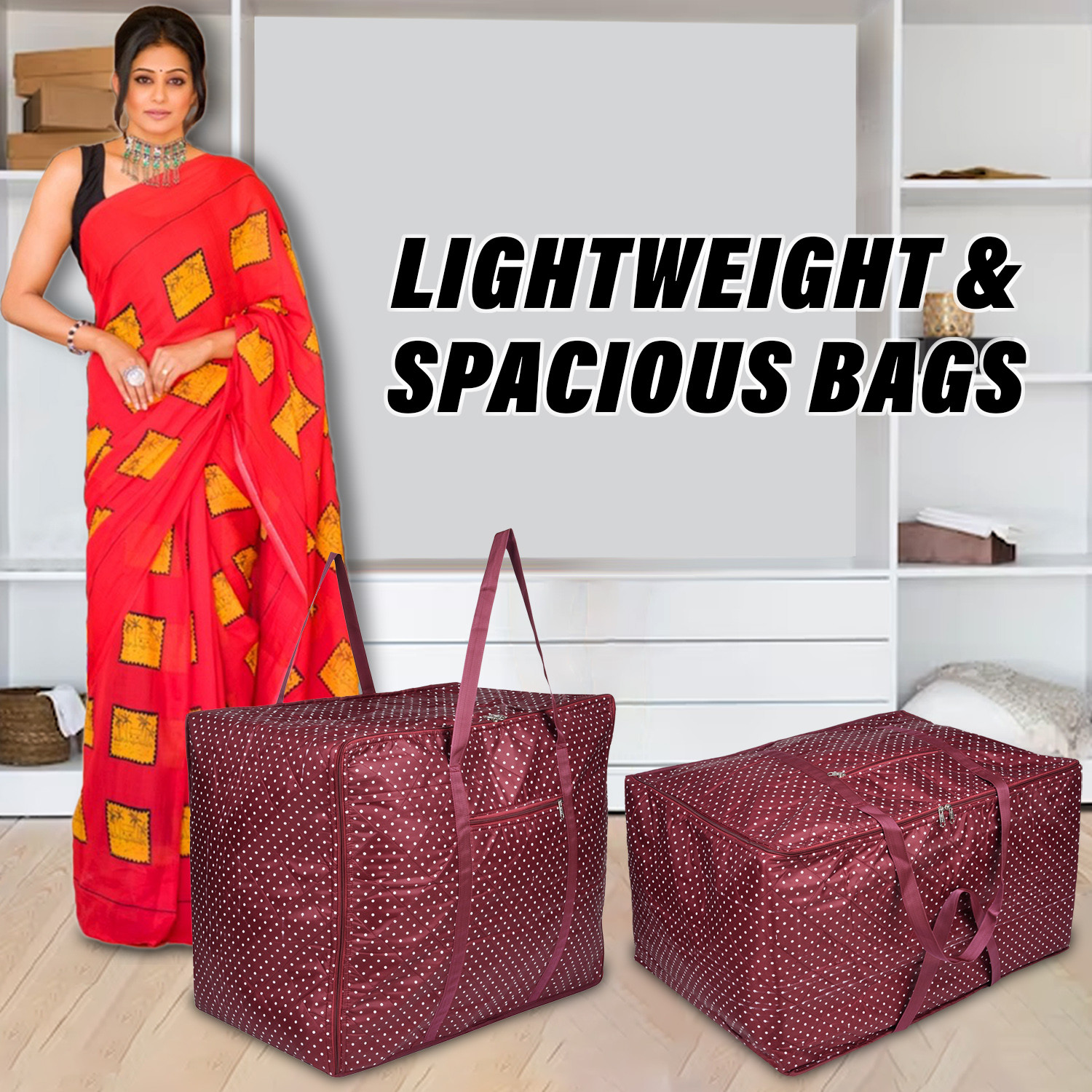 Kuber Industries Storage Bag  Polyester Travel Duffle Bag  Foldable Underbed Storage Bag  Dot Print Storage Bag For Clothes with Handle  Large  Maroon