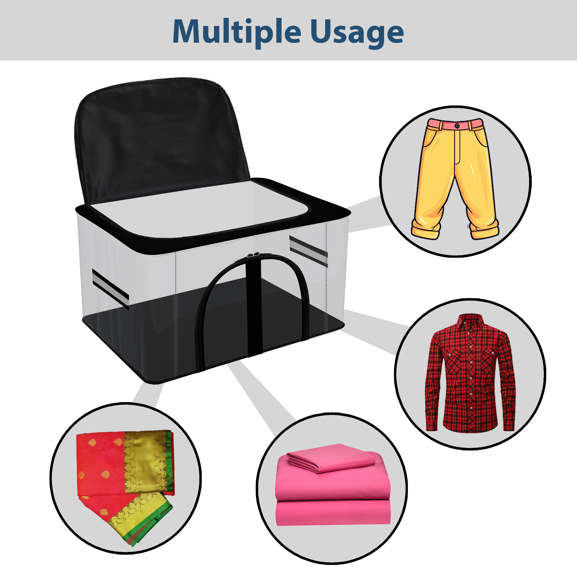 Kuber Industries Storage Bag  PVC Transparent Storage Bag  Multi-Purpose Garments Bag for Clothes-Toy  Wardrobe Bag with Handle  Underbed Storage Bag  Khadi U Zip  Black