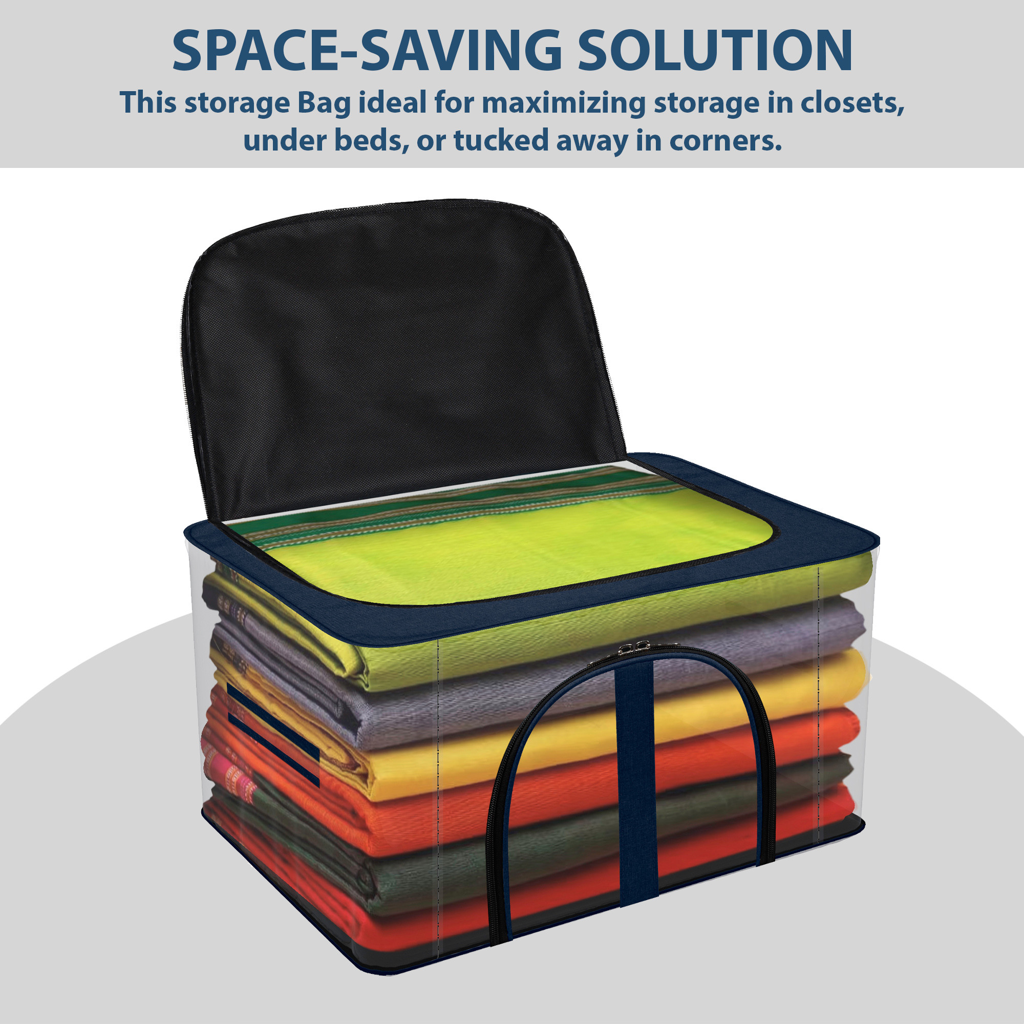 Kuber Industries Storage Bag  PVC Transparent Storage Bag  Multi-Purpose Garments Bag for Clothes-Toy  Wardrobe Bag with Handle  Underbed Storage Bag  Khadi U Zip  Navy Blue