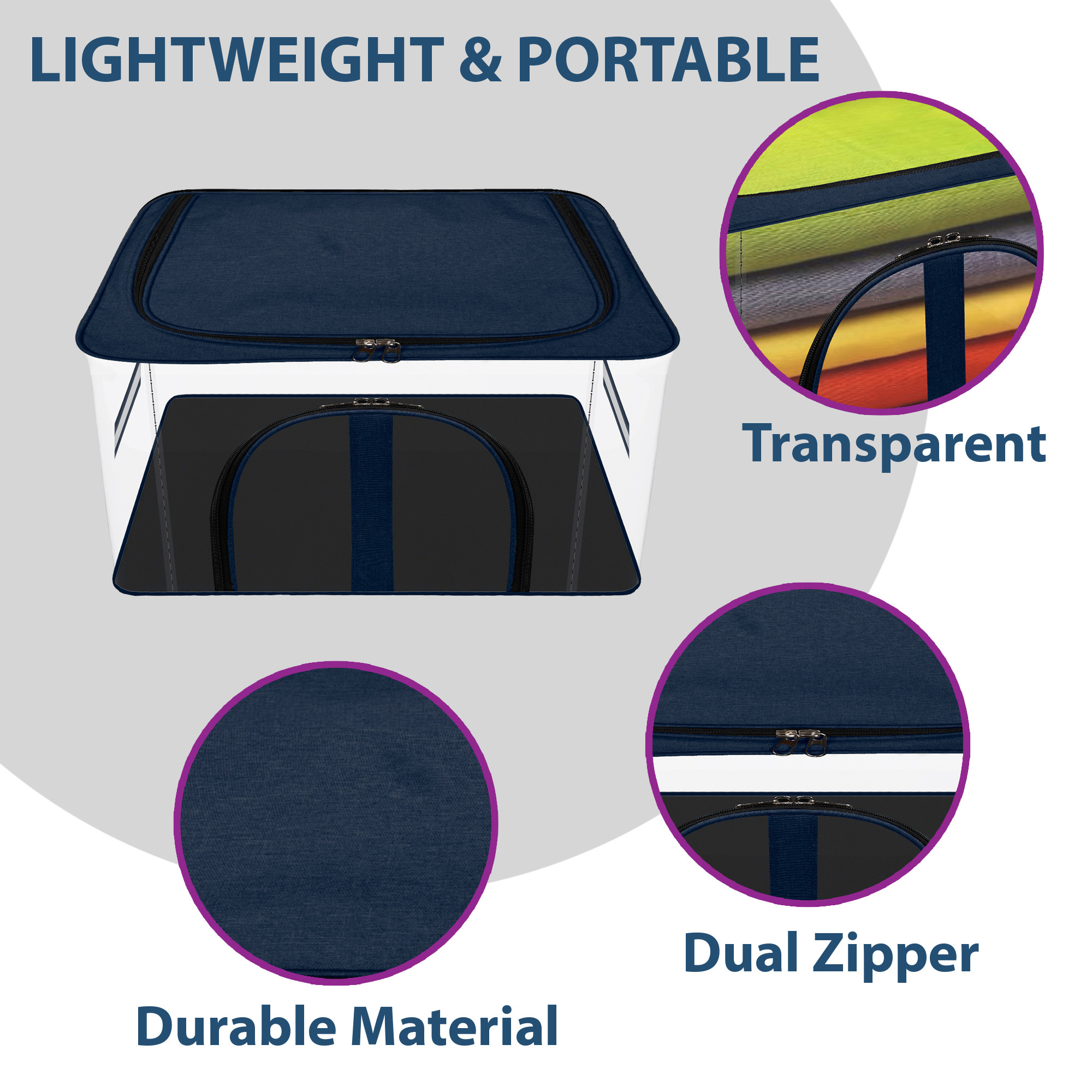 Kuber Industries Storage Bag  PVC Transparent Storage Bag  Multi-Purpose Garments Bag for Clothes-Toy  Wardrobe Bag with Handle  Underbed Storage Bag  Khadi U Zip  Navy Blue