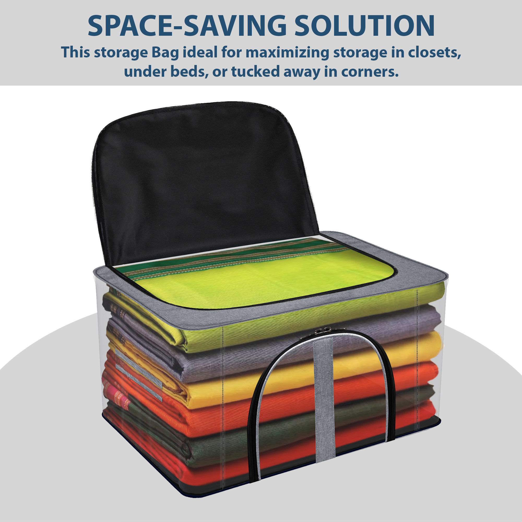 Kuber Industries Storage Bag  PVC Transparent Storage Bag  Multi-Purpose Garments Bag for Clothes-Toy  Wardrobe Bag with Handle  Underbed Storage Bag  Khadi U Zip  Light Grey