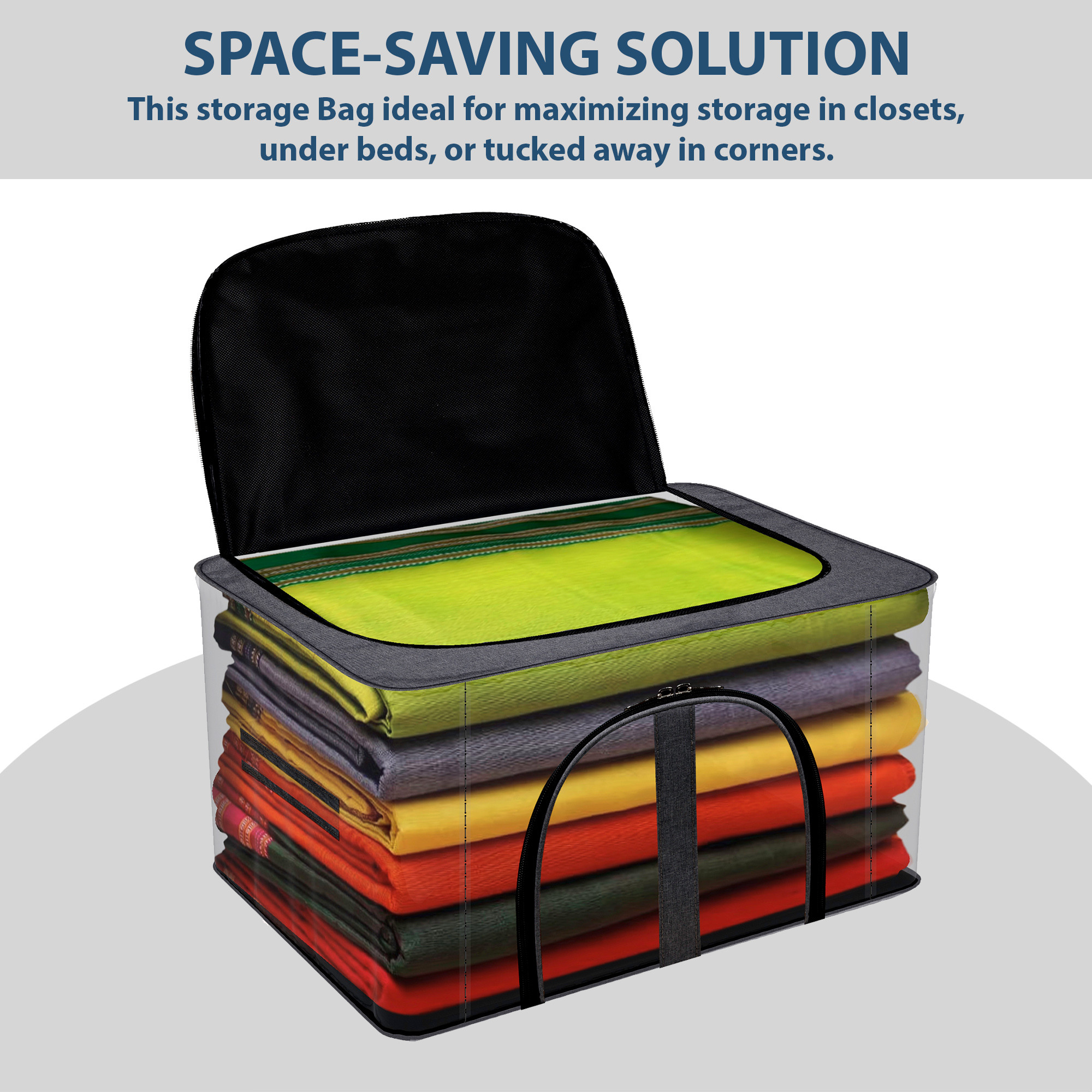 Kuber Industries Storage Bag  PVC Transparent Storage Bag  Multi-Purpose Garments Bag for Clothes-Toy  Wardrobe Bag with Handle  Underbed Storage Bag  Khadi U Zip  Dark Grey