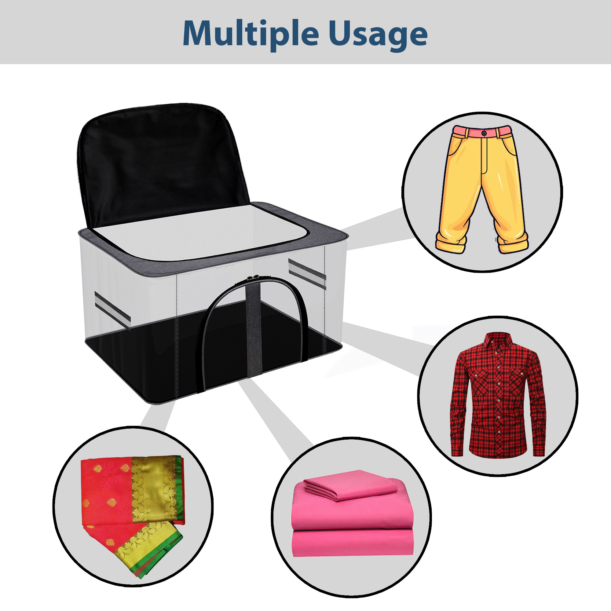 Kuber Industries Storage Bag  PVC Transparent Storage Bag  Multi-Purpose Garments Bag for Clothes-Toy  Wardrobe Bag with Handle  Underbed Storage Bag  Khadi U Zip  Dark Grey