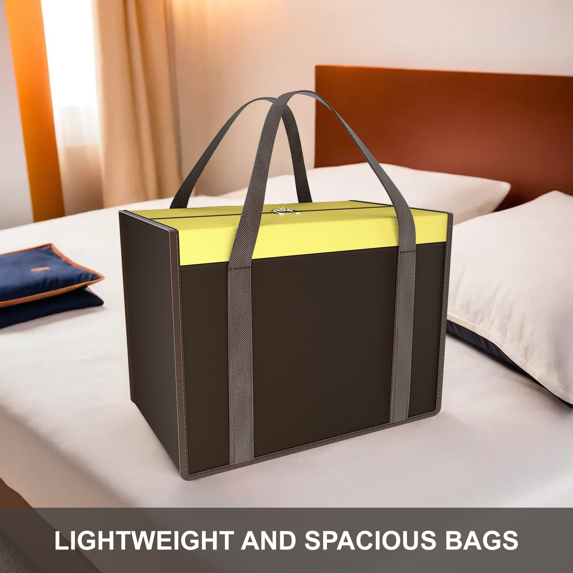 Kuber Industries Storage Bag  Wardrobe Organizer for Clothes  Closet Wardrobe Organizer  Waterproof Clothing-Bedding Bag  Foldable Zipper Cloth Bag  Medium  Yellow Patti  Brown