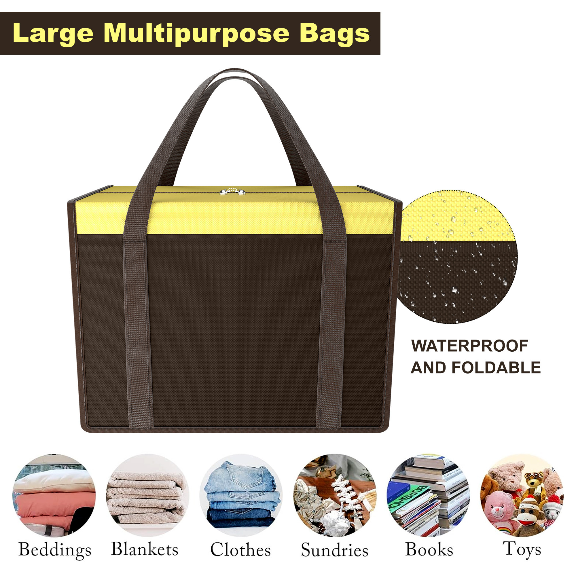 Kuber Industries Storage Bag  Wardrobe Organizer for Clothes  Closet Wardrobe Organizer  Waterproof Clothing-Bedding Bag  Foldable Zipper Cloth Bag  Medium  Yellow Patti  Brown