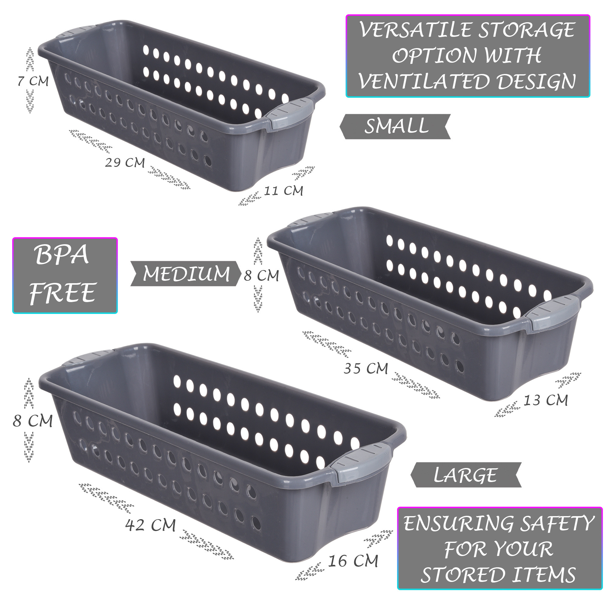 Kuber Industries Storage Basket | Storage Organizer for Kitchen-Refrigerator-Vegetables-Stationery | Multipurpose Cabinet Shelf Rack | Storage Box for Kitchen | S-M-L | Gray