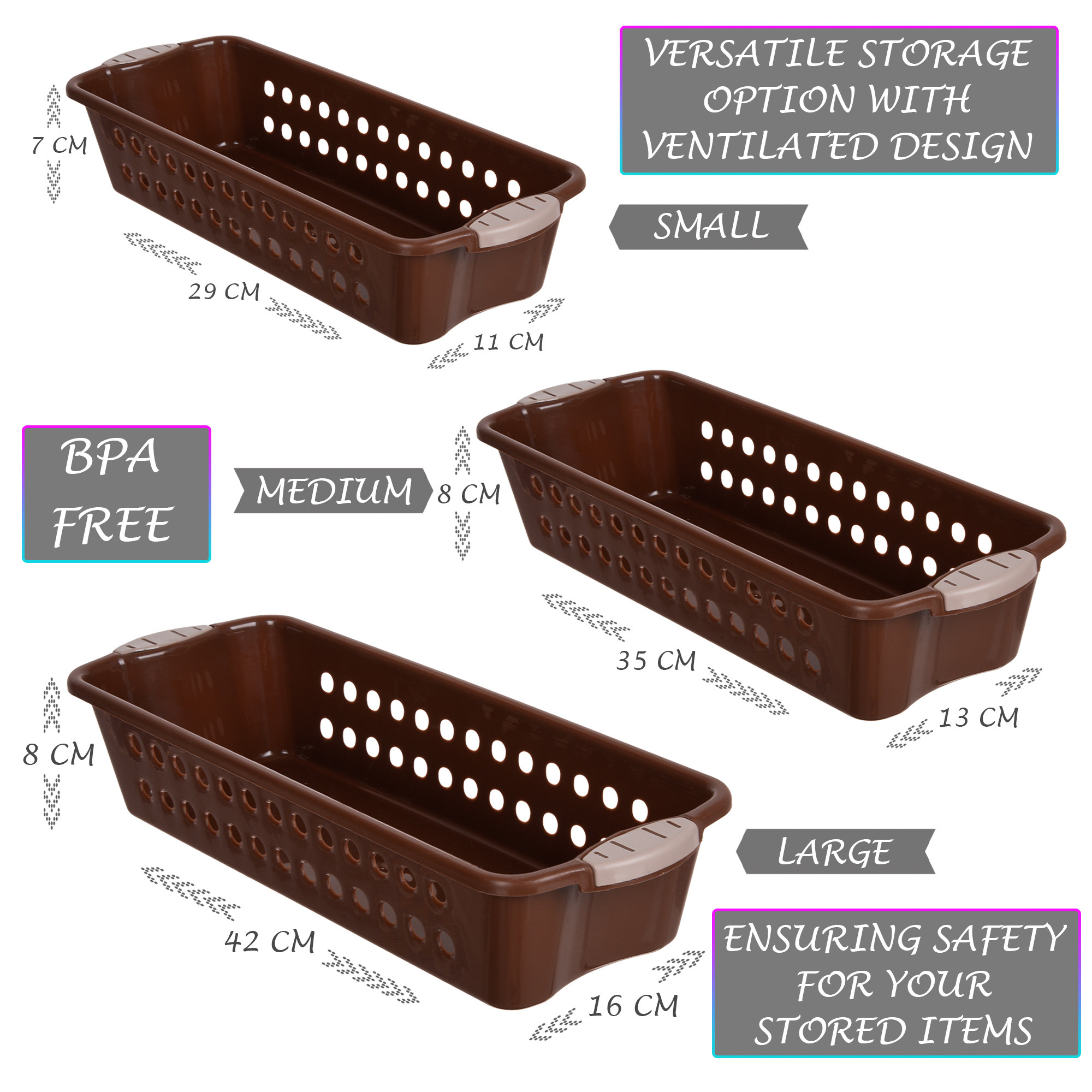 Kuber Industries Storage Basket | Storage Organizer for Kitchen-Refrigerator-Vegetables-Stationery | Multipurpose Cabinet Shelf Rack | Storage Box for Kitchen | S-M-L | Brown