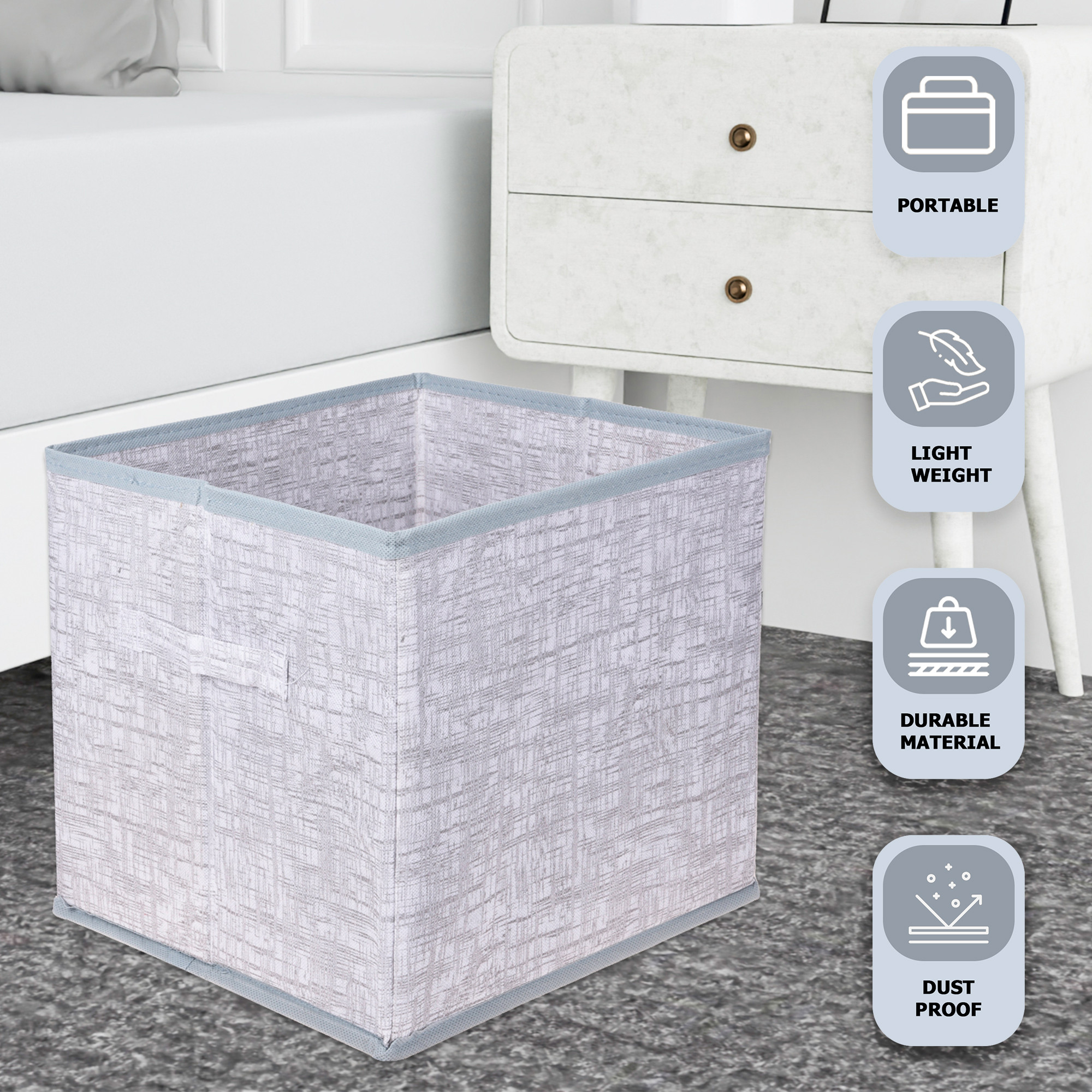 Kuber Industries Storage Box  12x12 Inch  Square Storage Box  Foldable Toys Bins  Storage Box for Clothes  Clothes Wardrobe Organizer  Closet Storage Basket  Jute Printed  Grey