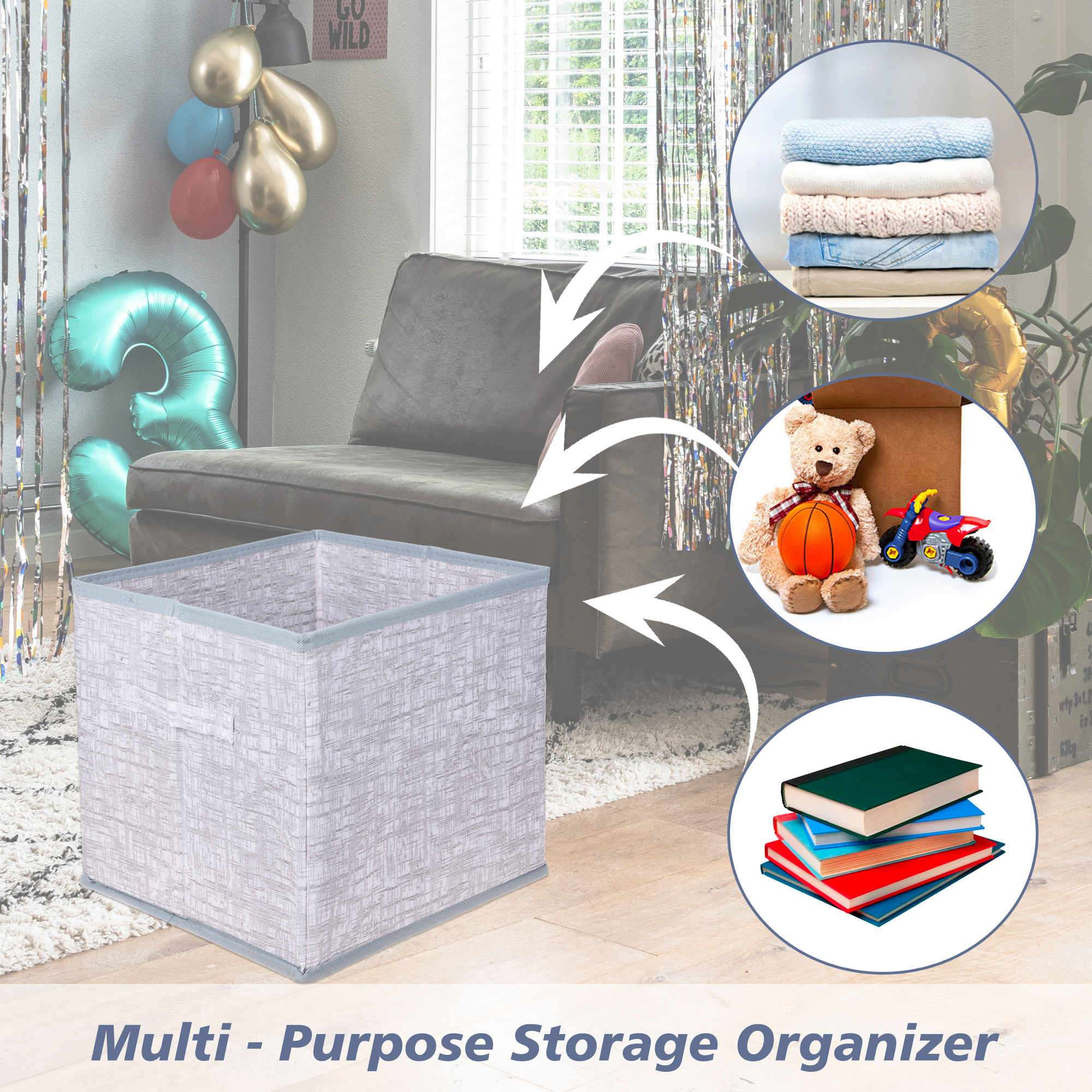 Kuber Industries Storage Box  12x12 Inch  Square Storage Box  Foldable Toys Bins  Storage Box for Clothes  Clothes Wardrobe Organizer  Closet Storage Basket  Jute Printed  Grey