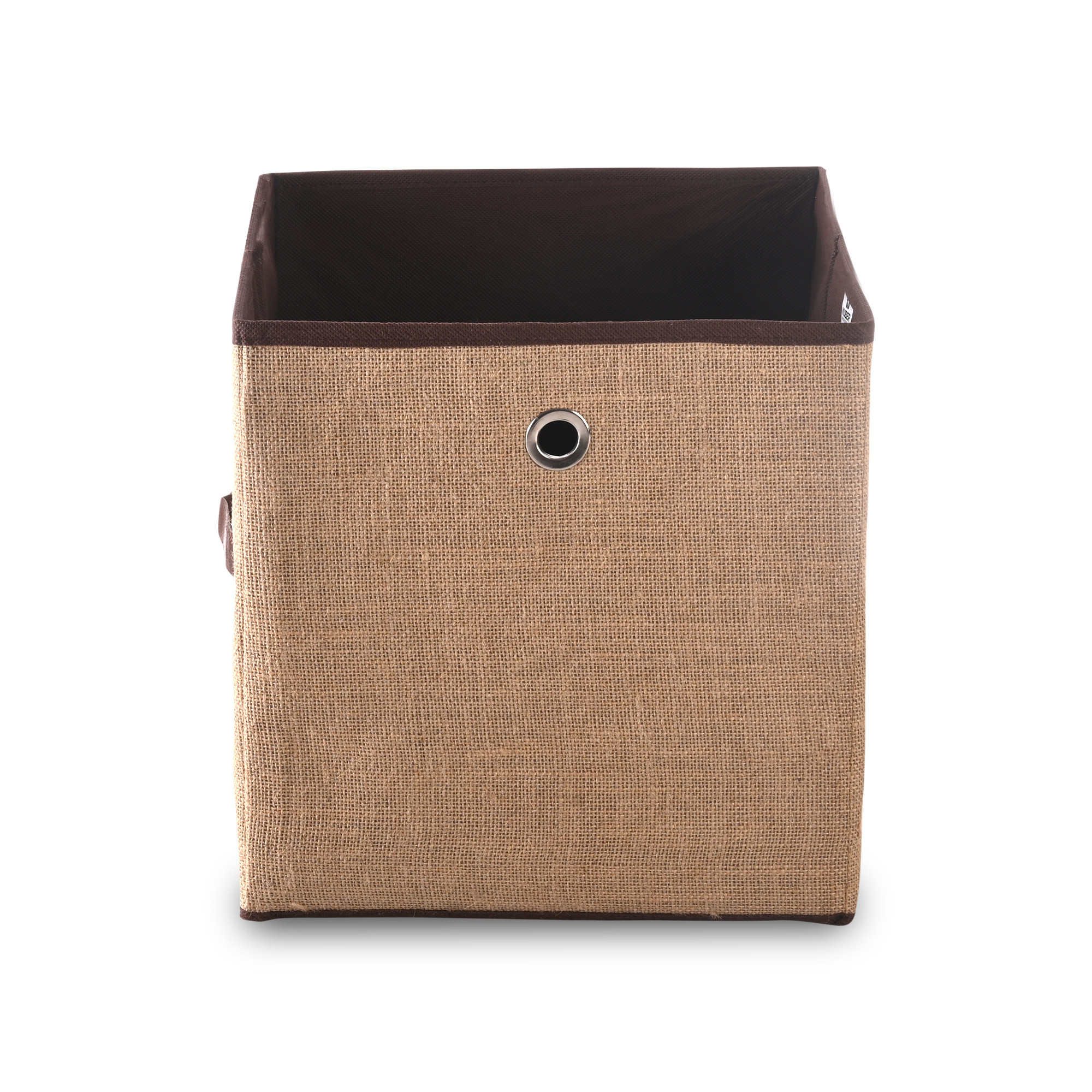 Kuber Industries Storage Box  Foldable Square Storage Box with Ring  Cloth Organiser for Wardrobe  Jute Fabric  Cupboard Drawer Organizer  Ideal for Toys Books Shoes  Brown