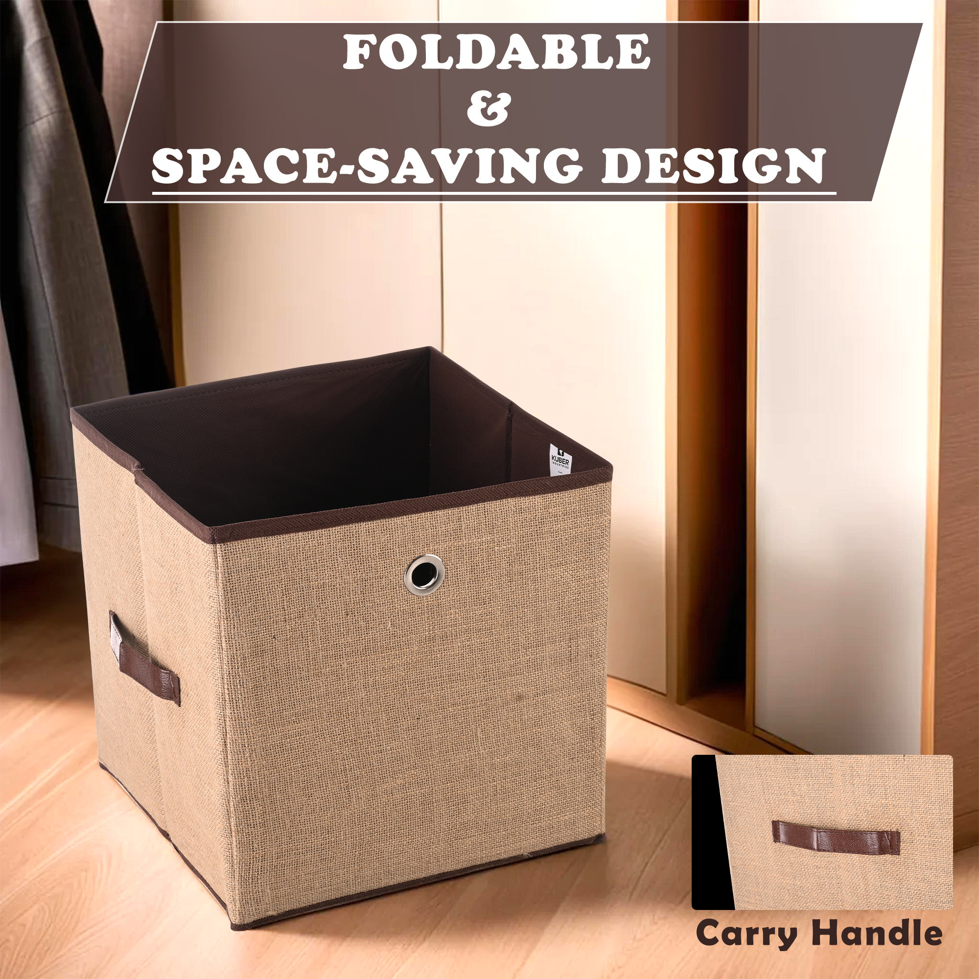 Kuber Industries Storage Box  Foldable Square Storage Box with Ring  Cloth Organiser for Wardrobe  Jute Fabric  Cupboard Drawer Organizer  Ideal for Toys Books Shoes  Brown