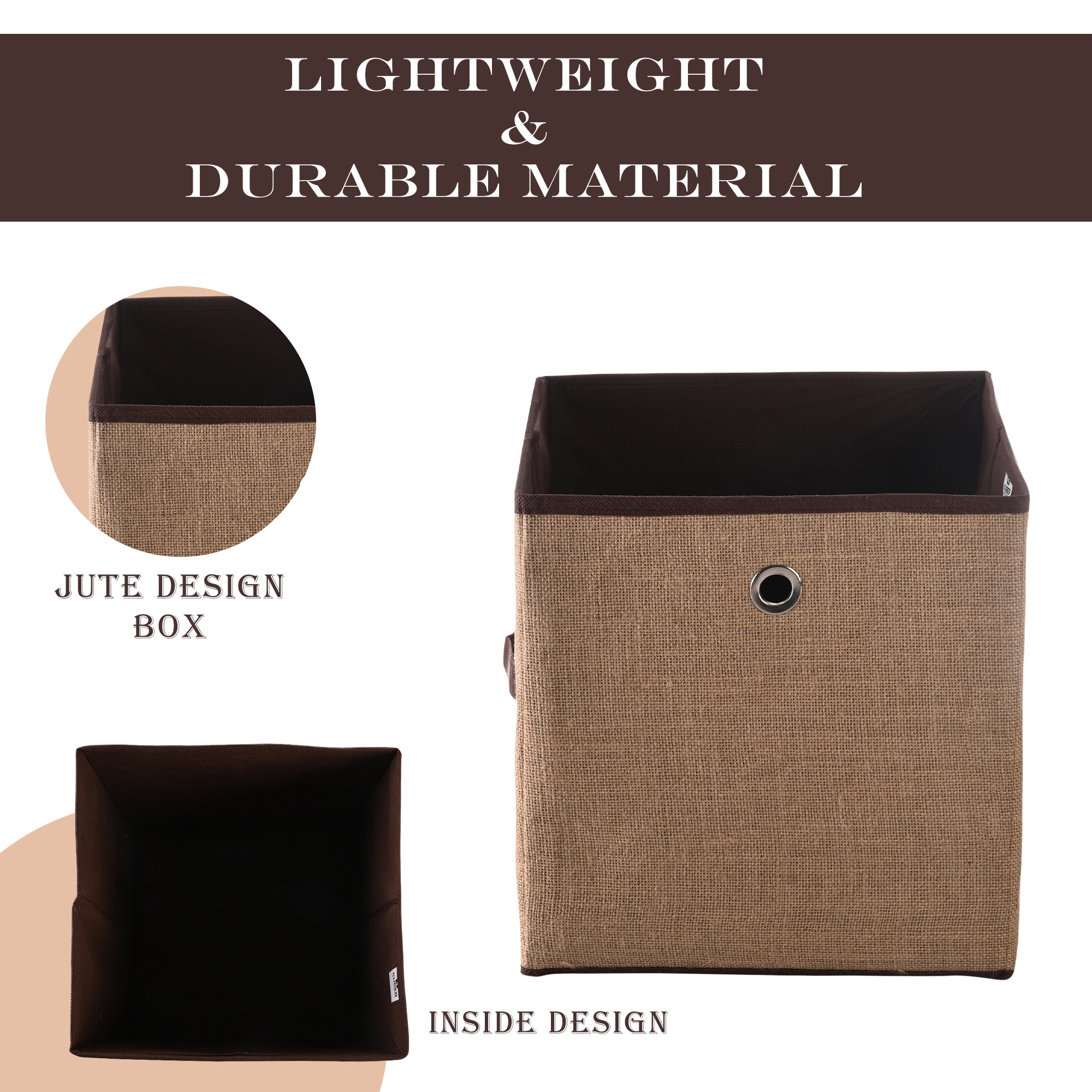 Kuber Industries Storage Box  Foldable Square Storage Box with Ring  Cloth Organiser for Wardrobe  Jute Fabric  Cupboard Drawer Organizer  Ideal for Toys Books Shoes  Brown