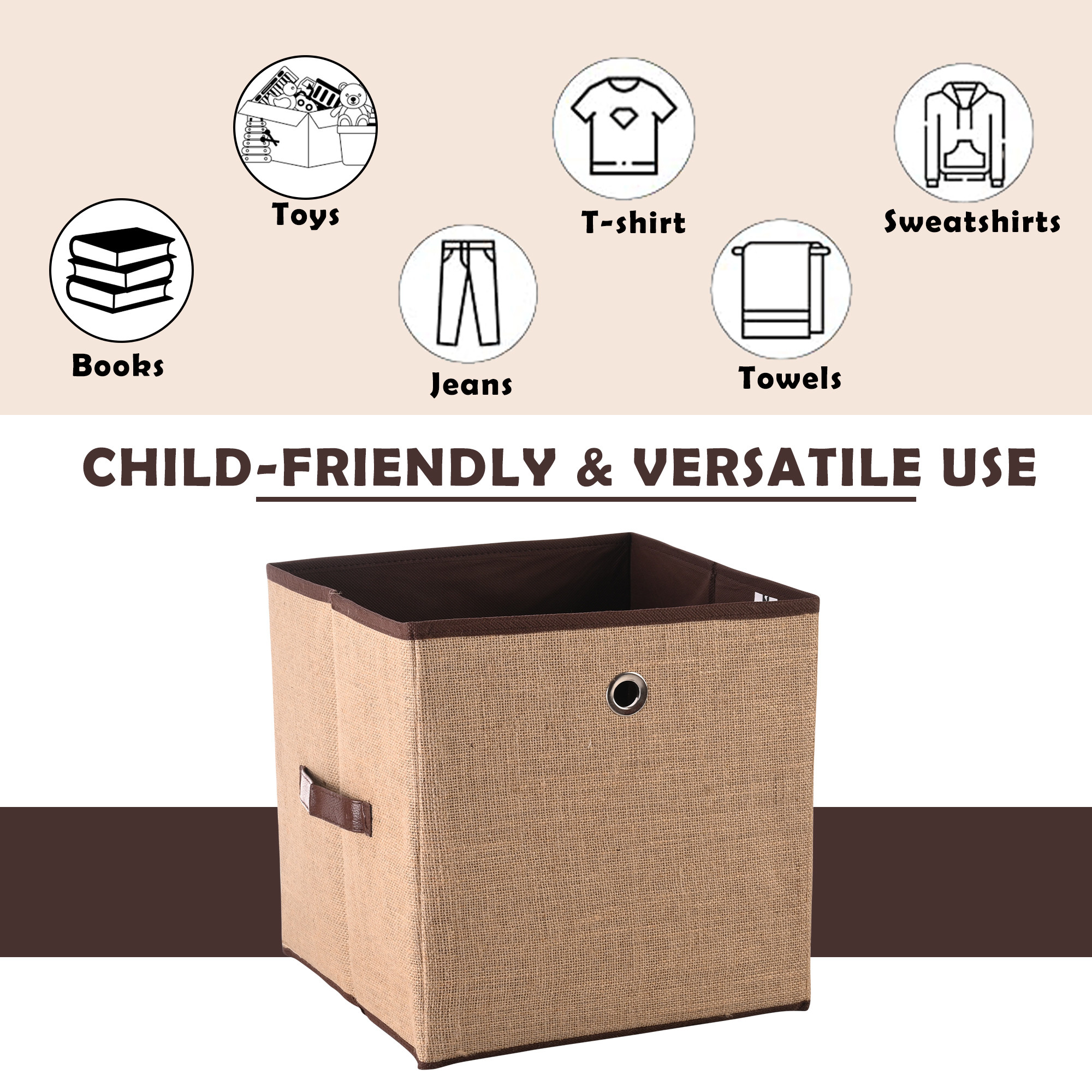 Kuber Industries Storage Box  Foldable Square Storage Box with Ring  Cloth Organiser for Wardrobe  Jute Fabric  Cupboard Drawer Organizer  Ideal for Toys Books Shoes  Brown