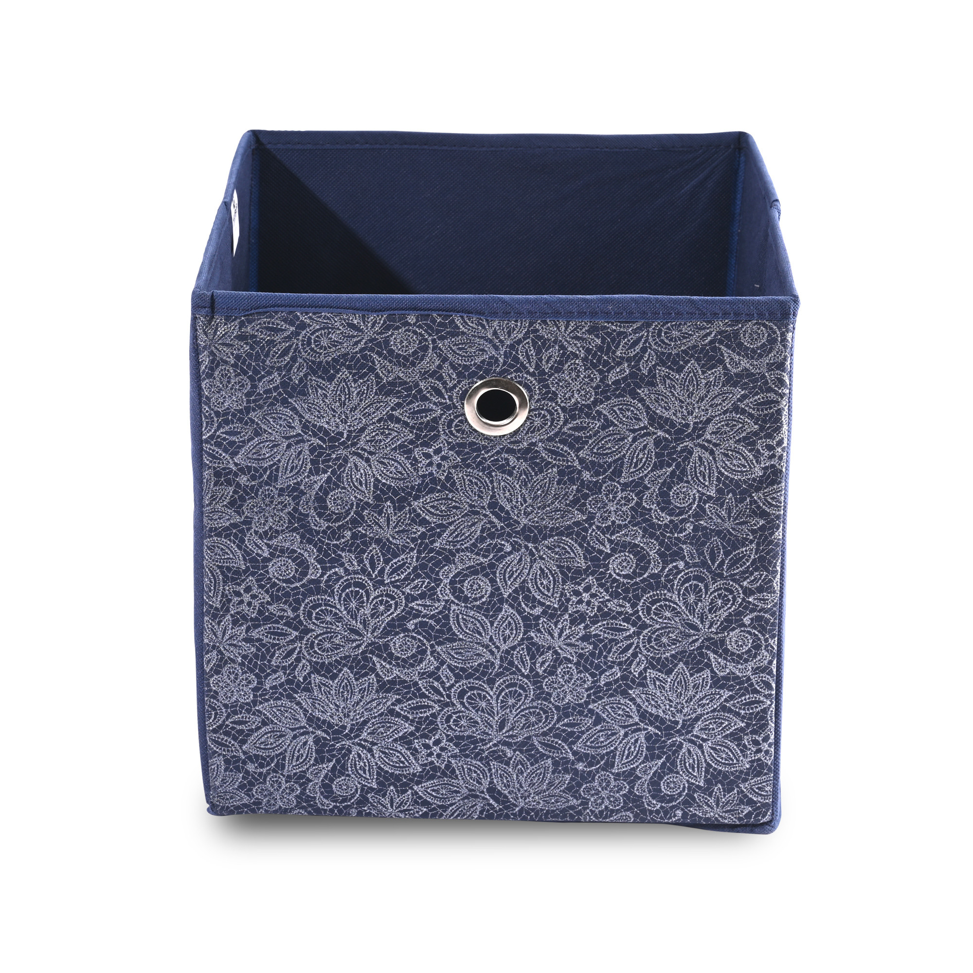 Kuber Industries Storage Box  Foldable Square Storage Box with Ring  Flower  Cloth Organiser for Wardrobe  Non-Woven  Cupboard Organizer  Ideal for Toys Books Shoes  Navy Blue