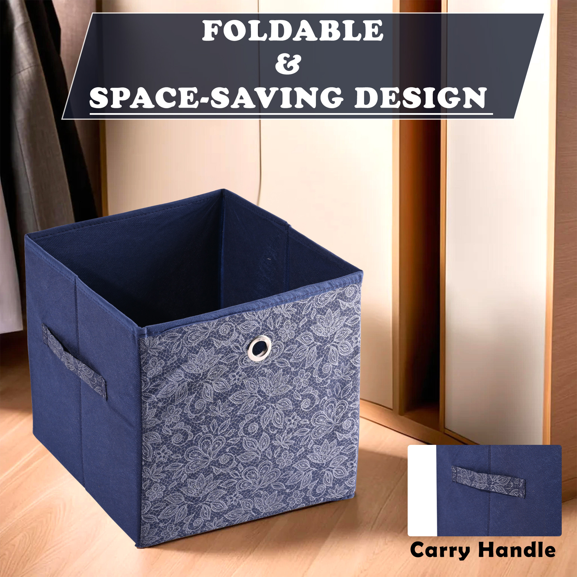 Kuber Industries Storage Box  Foldable Square Storage Box with Ring  Flower  Cloth Organiser for Wardrobe  Non-Woven  Cupboard Organizer  Ideal for Toys Books Shoes  Navy Blue