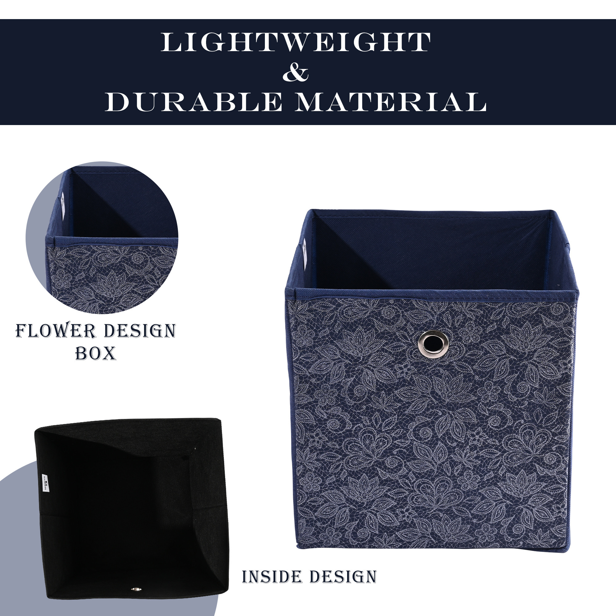 Kuber Industries Storage Box  Foldable Square Storage Box with Ring  Flower  Cloth Organiser for Wardrobe  Non-Woven  Cupboard Organizer  Ideal for Toys Books Shoes  Navy Blue