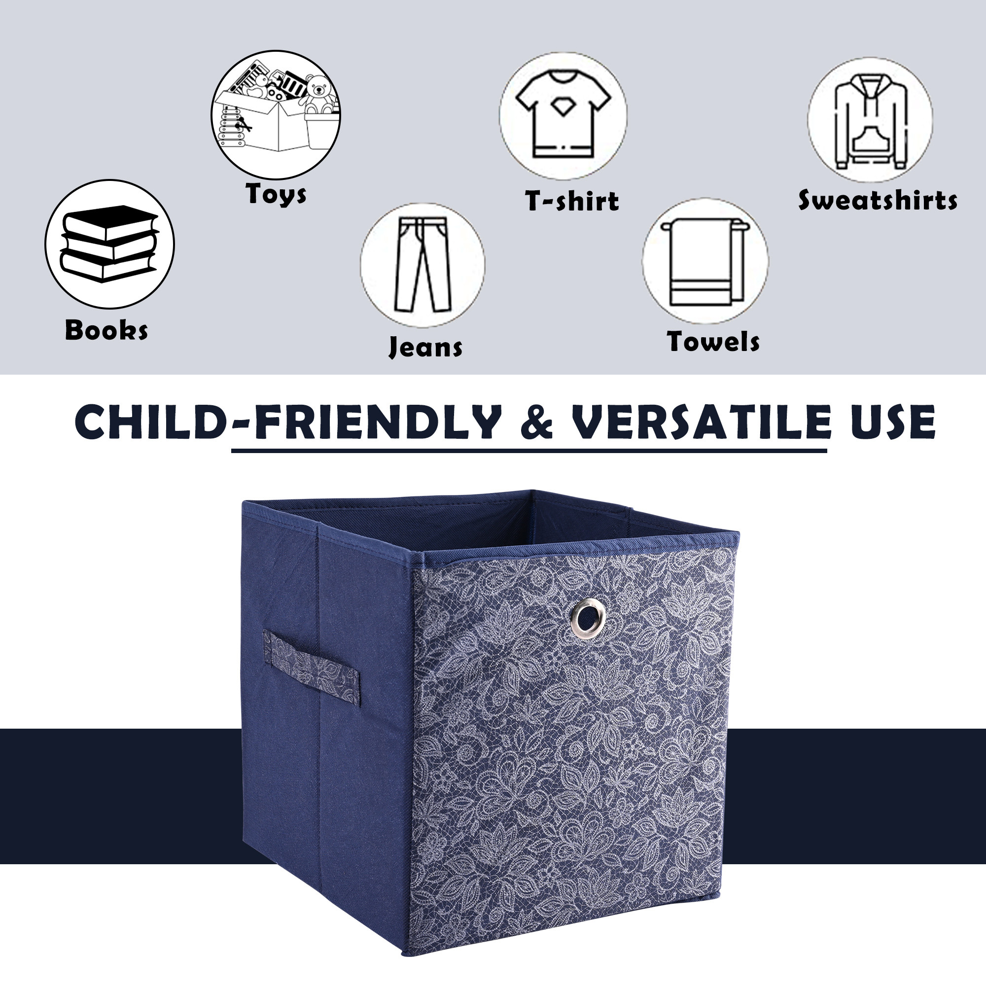 Kuber Industries Storage Box  Foldable Square Storage Box with Ring  Flower  Cloth Organiser for Wardrobe  Non-Woven  Cupboard Organizer  Ideal for Toys Books Shoes  Navy Blue