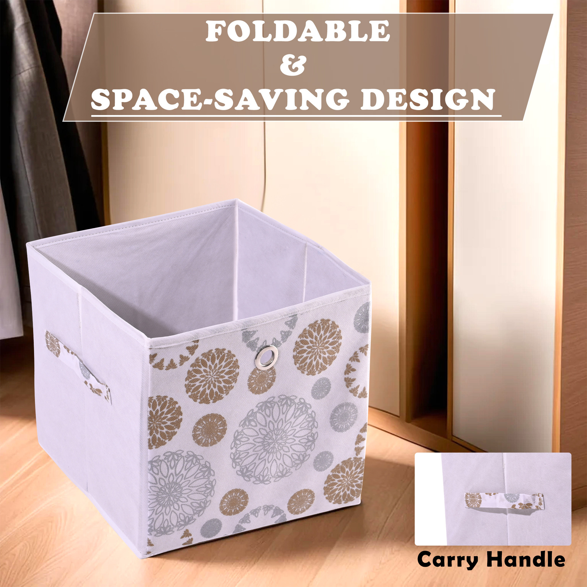 Kuber Industries Storage Box  Foldable Square Storage Box with Ring  Gola Print  Cloth Organiser for Wardrobe  Non-Woven  Cupboard Organizer  Ideal for Toys Books Shoes  White