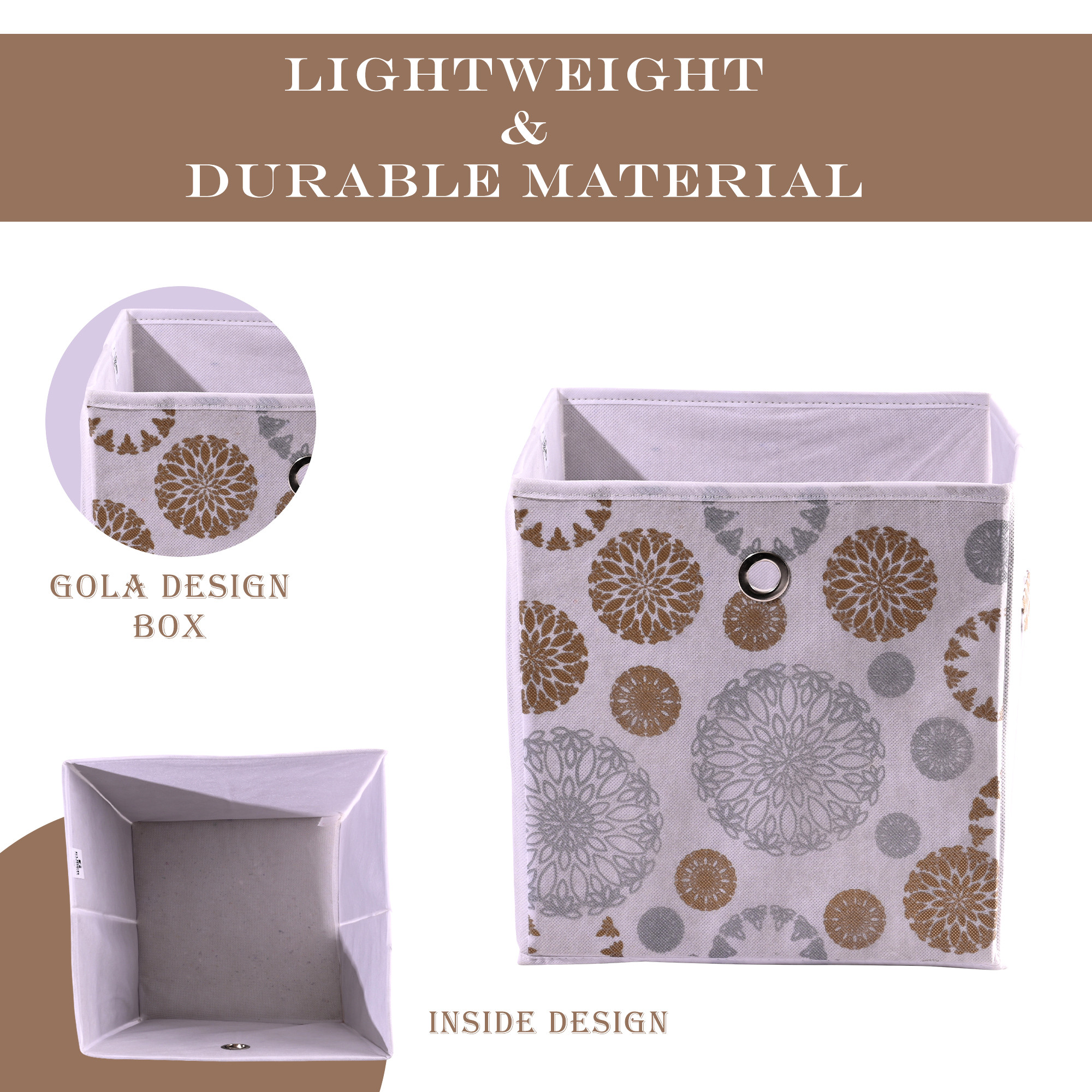 Kuber Industries Storage Box  Foldable Square Storage Box with Ring  Gola Print  Cloth Organiser for Wardrobe  Non-Woven  Cupboard Organizer  Ideal for Toys Books Shoes  White