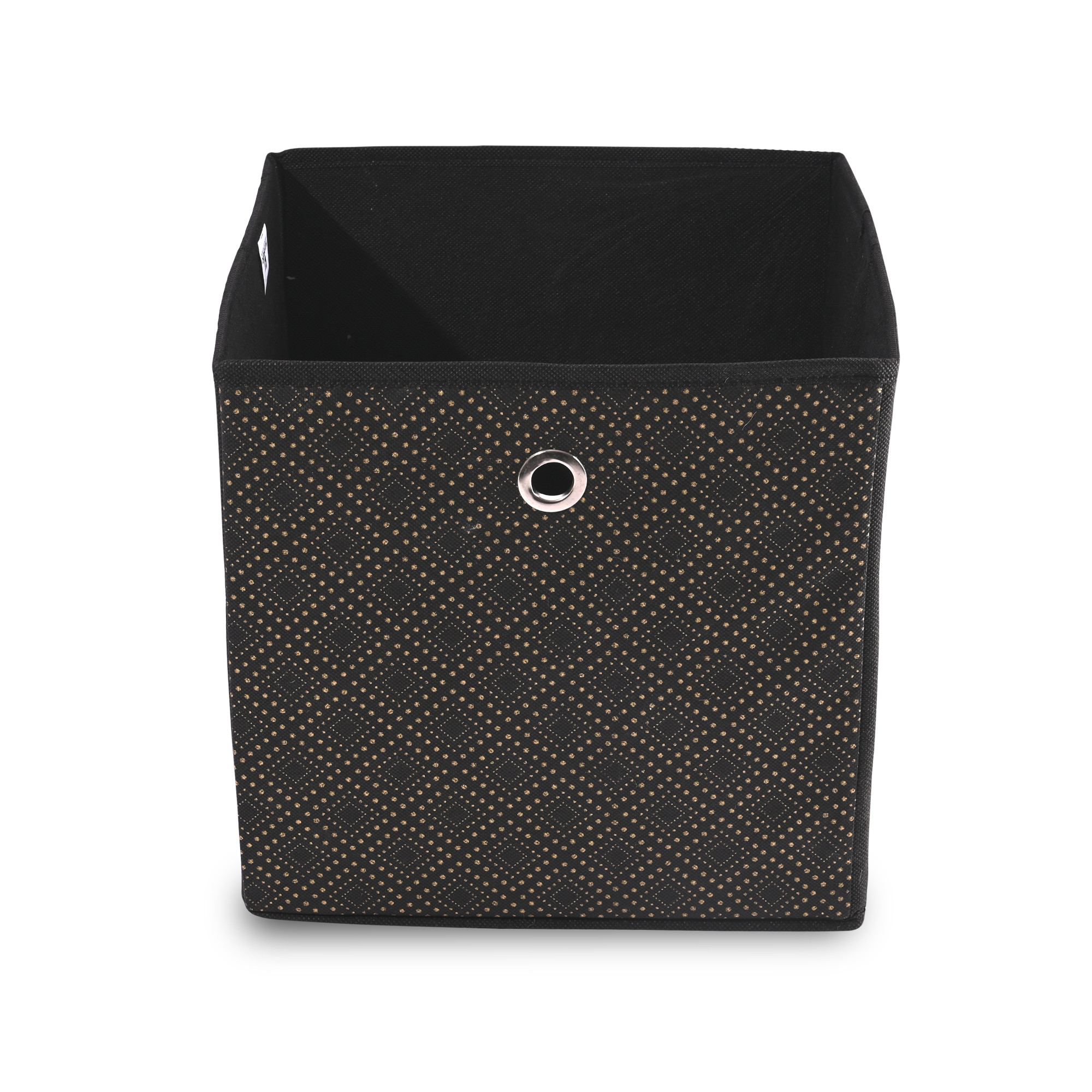 Kuber Industries Storage Box  Foldable Square Storage Box with Ring  Golden Dot  Cloth Organiser for Wardrobe  Non-Woven  Cupboard Organizer  Ideal for Toys Books Shoes  Black
