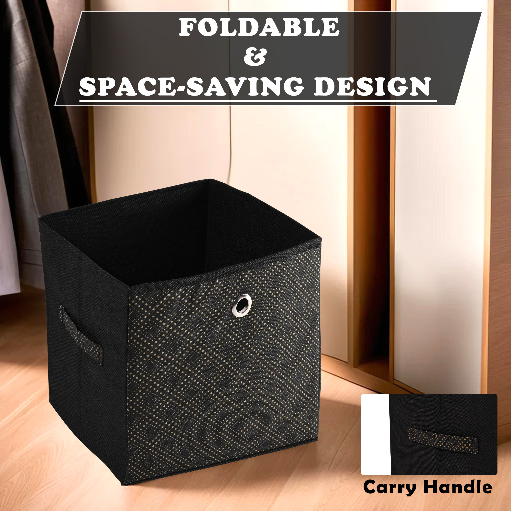 Kuber Industries Storage Box  Foldable Square Storage Box with Ring  Golden Dot  Cloth Organiser for Wardrobe  Non-Woven  Cupboard Organizer  Ideal for Toys Books Shoes  Black
