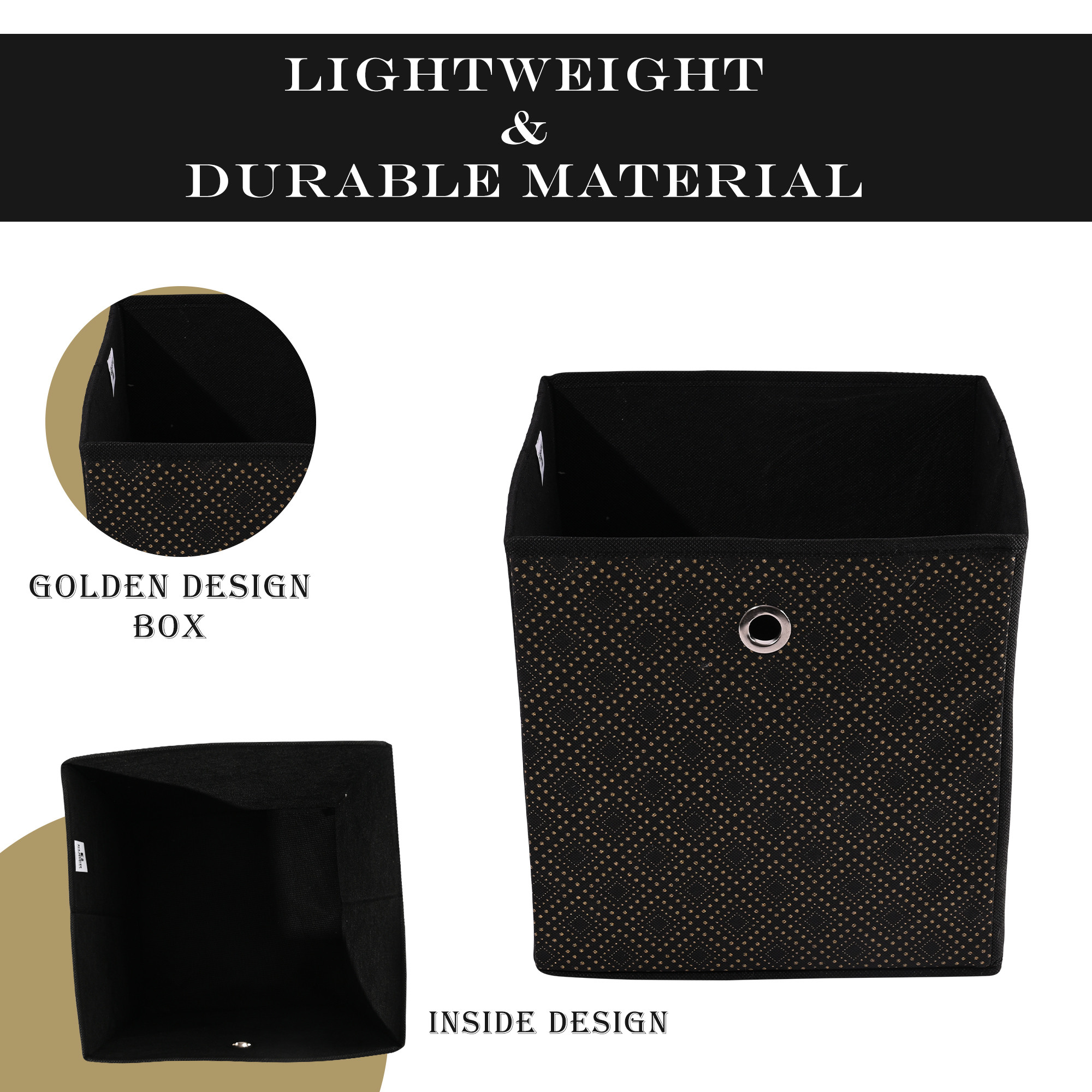 Kuber Industries Storage Box  Foldable Square Storage Box with Ring  Golden Dot  Cloth Organiser for Wardrobe  Non-Woven  Cupboard Organizer  Ideal for Toys Books Shoes  Black