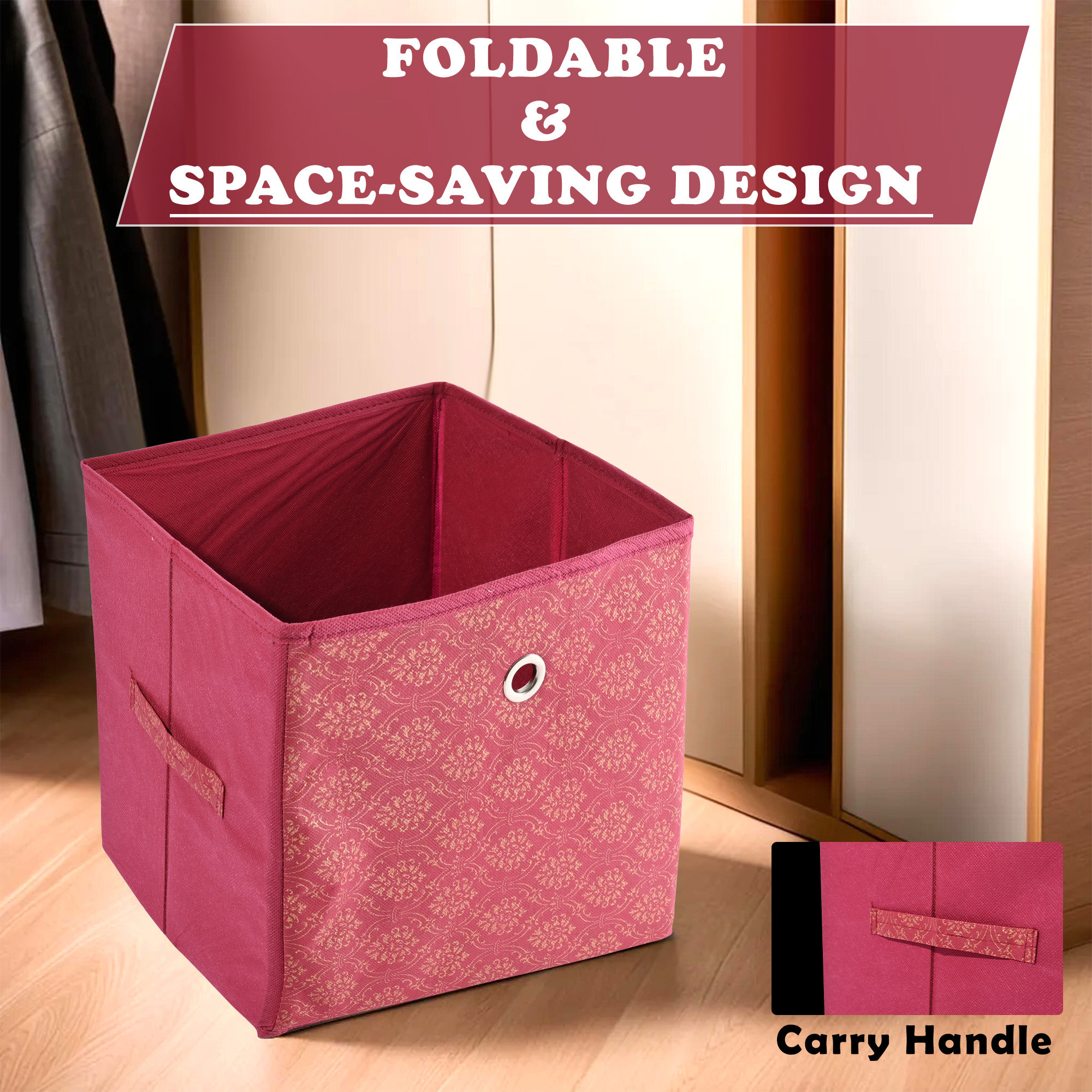 Kuber Industries Storage Box  Foldable Square Storage Box with Ring  Golden Print  Cloth Organiser for Wardrobe  Non-Woven  Cupboard Organizer  Ideal for Toys Books Shoes  Maroon