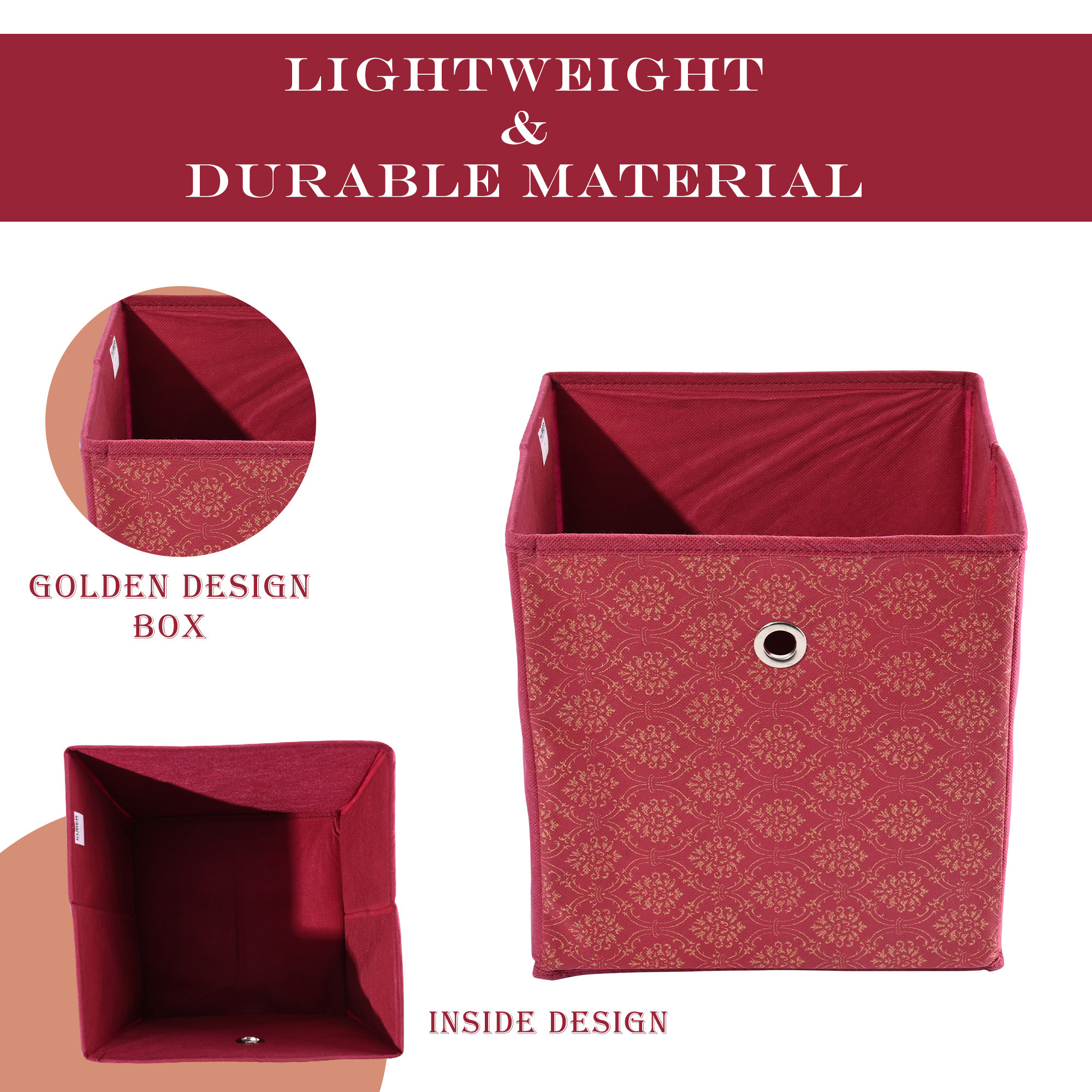 Kuber Industries Storage Box  Foldable Square Storage Box with Ring  Golden Print  Cloth Organiser for Wardrobe  Non-Woven  Cupboard Organizer  Ideal for Toys Books Shoes  Maroon