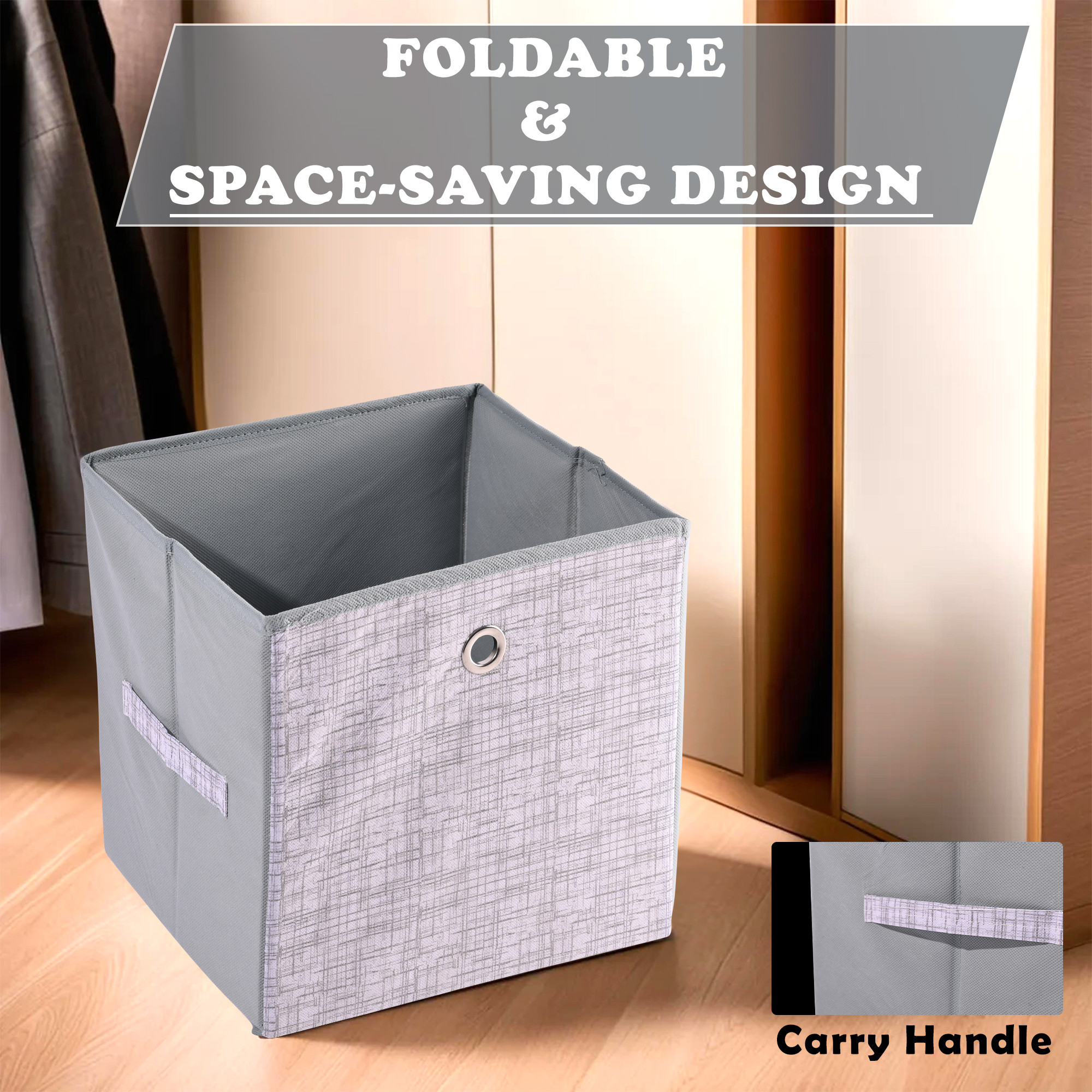 Kuber Industries Storage Box  Foldable Square Storage Box with Ring  Jute Printed  Cloth Organiser for Wardrobe  Non-Woven  Cupboard Organizer  Ideal for Toys Books Shoes  Grey