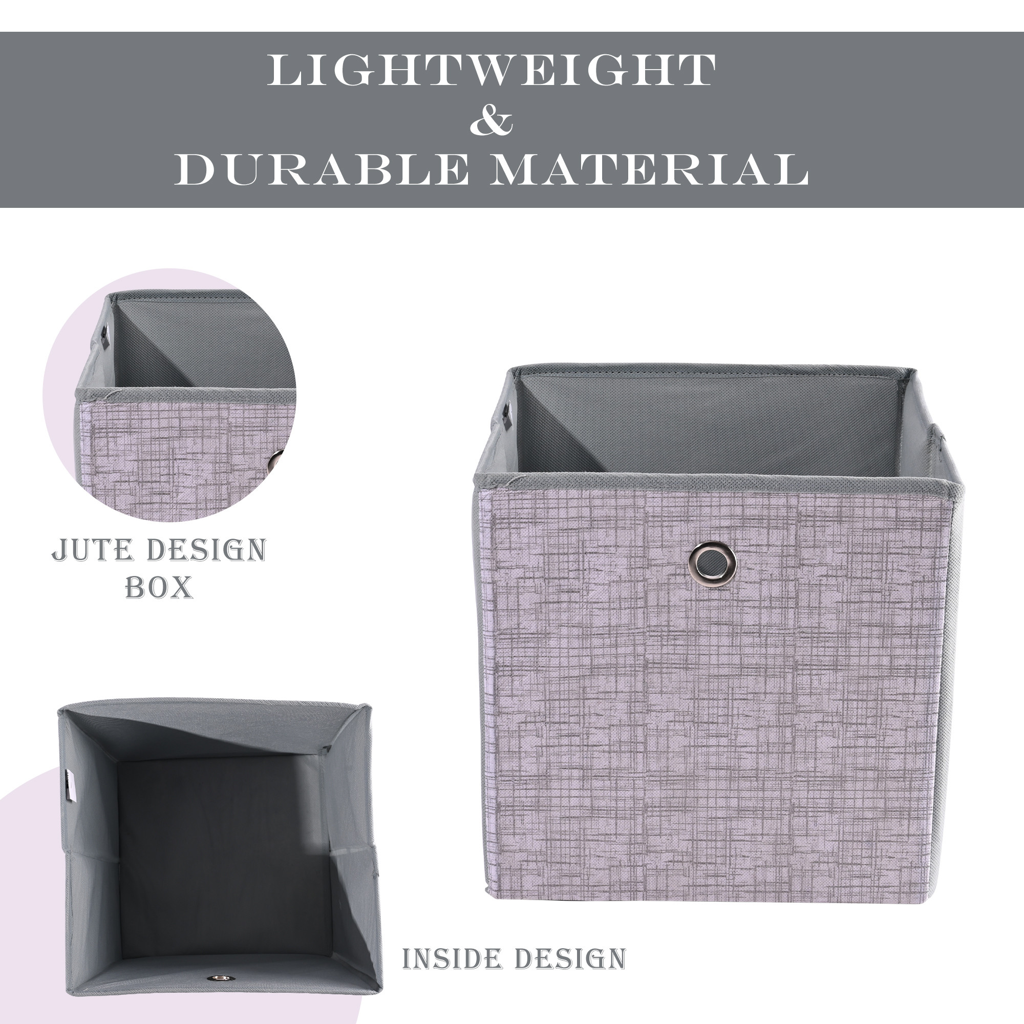 Kuber Industries Storage Box  Foldable Square Storage Box with Ring  Jute Printed  Cloth Organiser for Wardrobe  Non-Woven  Cupboard Organizer  Ideal for Toys Books Shoes  Grey