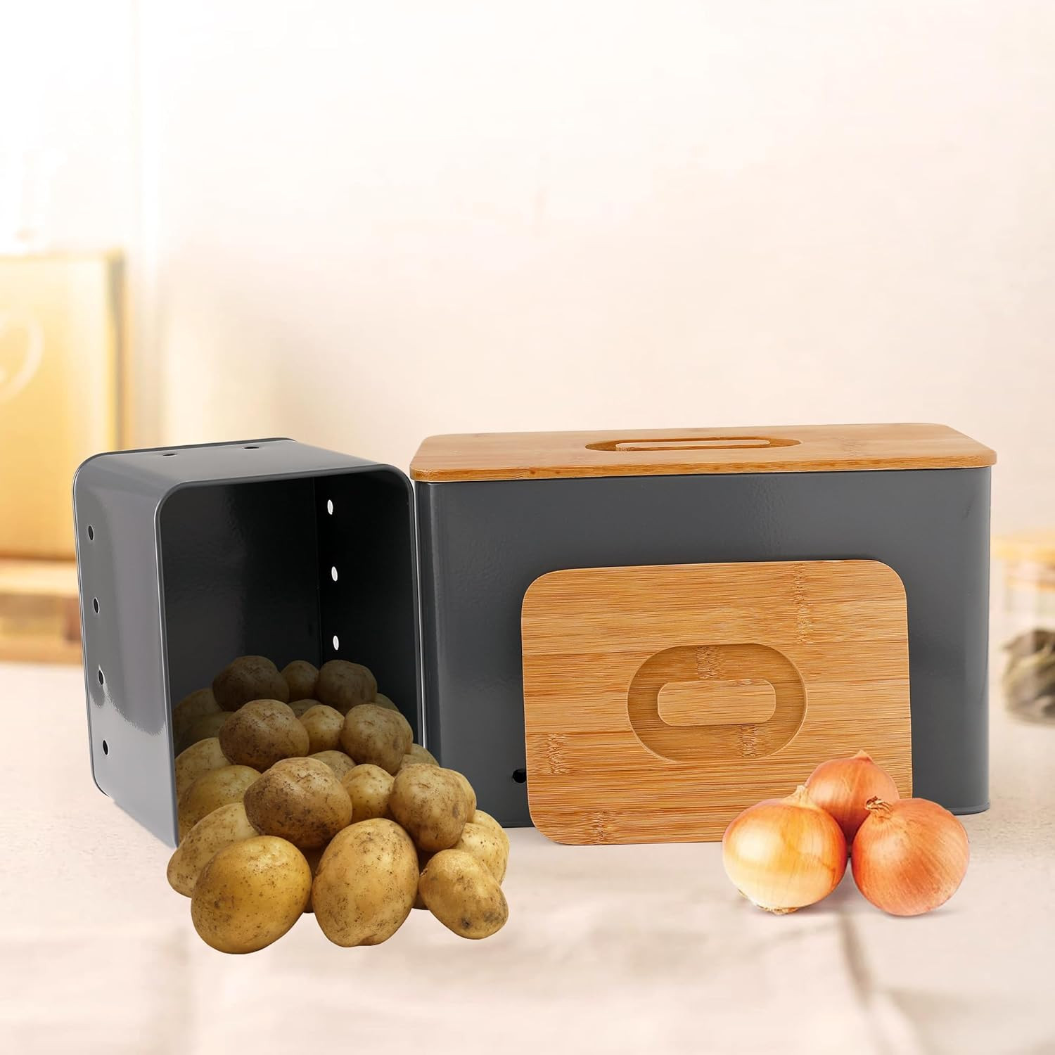 Kuber Industries Storage Box | Kitchen Stoarge Organizer | Vegetable Basket | Fruit Containers With Bambo Lid | 2 Different Containers | M-5200 ML | 12350 ML | KY002GY | Set of 2 | Gray