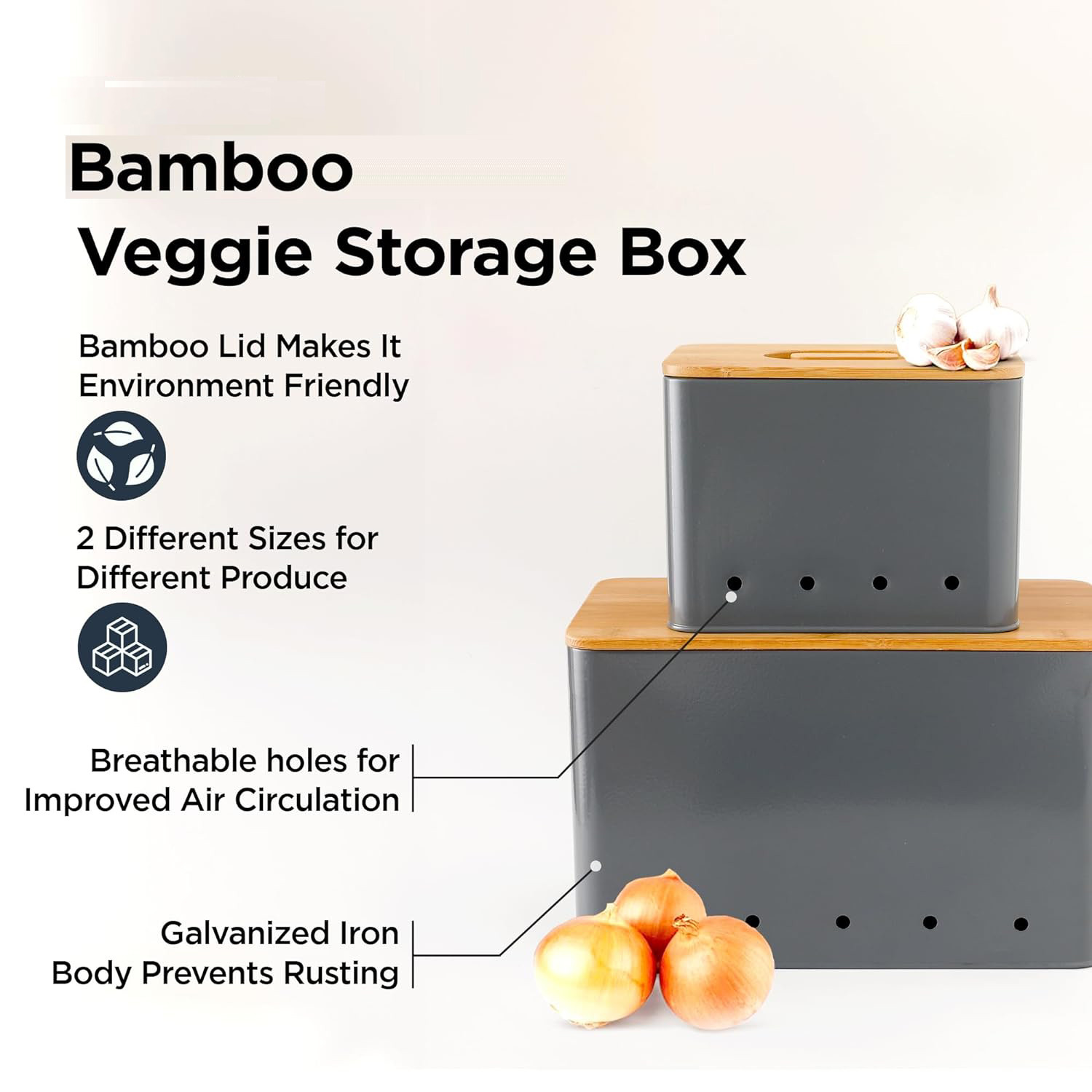 Kuber Industries Storage Box | Kitchen Stoarge Organizer | Vegetable Basket | Fruit Containers With Bambo Lid | 2 Different Containers | M-5200 ML | 12350 ML | KY002GY | Set of 2 | Gray