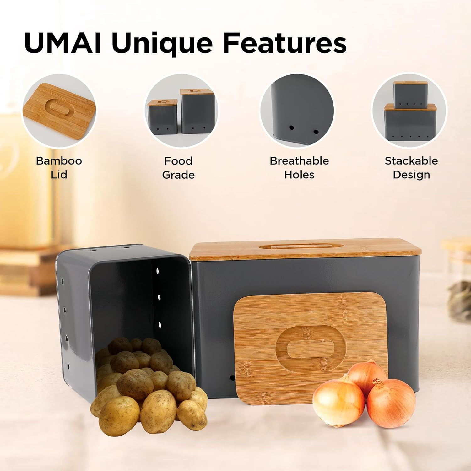 Kuber Industries Storage Box | Kitchen Stoarge Organizer | Vegetable Basket | Fruit Containers With Bambo Lid | 2 Different Containers | M-5200 ML | 12350 ML | KY002GY | Set of 2 | Gray