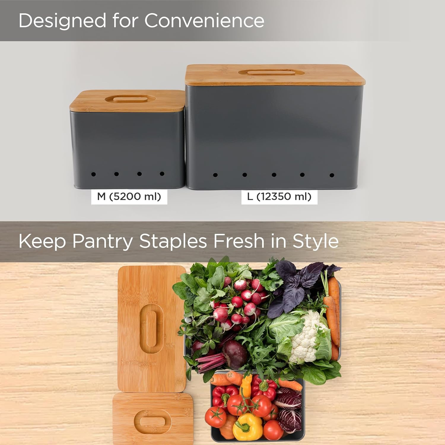 Kuber Industries Storage Box | Kitchen Stoarge Organizer | Vegetable Basket | Fruit Containers With Bambo Lid | 2 Different Containers | M-5200 ML | 12350 ML | KY002GY | Set of 2 | Gray
