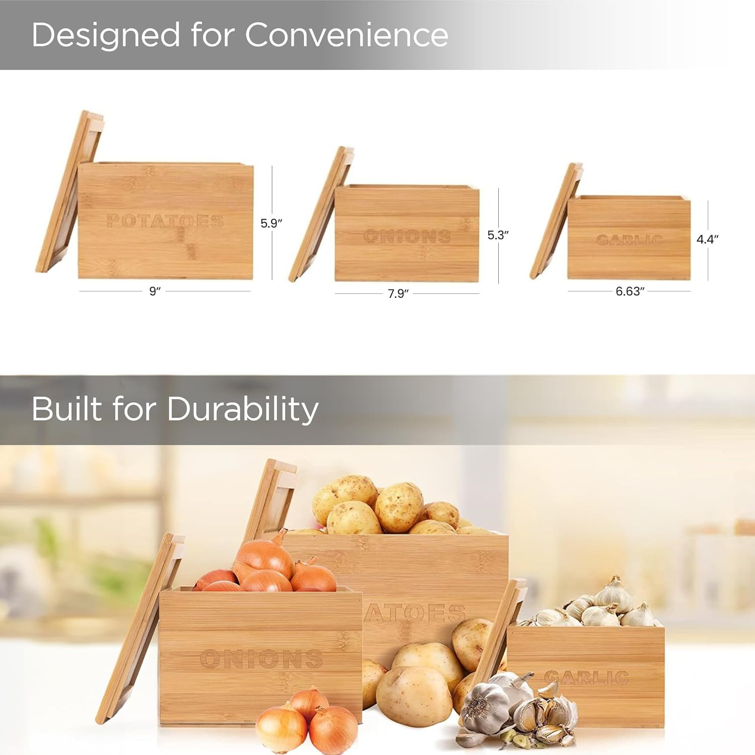 Kuber Industries Storage Box | Kitchen Stoarge Organizer | Vegetable Basket for Kitchen | Fruit Containers With Bambo Lid | 3 Different Containers | FM001NR | Set of 3 | Brown